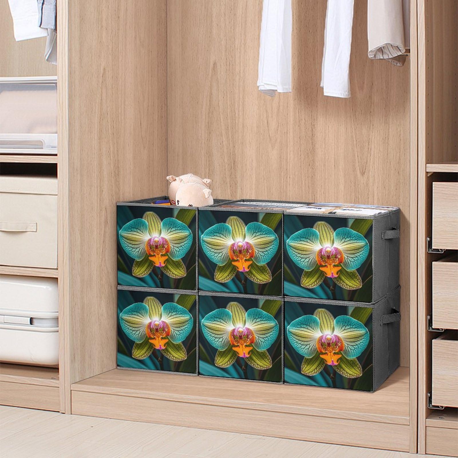 6-Piece Collapsible Storage Bins with Handles - Teal & Orange Orchid Printed Foldable Organizing Baskets for Shelves, Closet, Pantry | Space-Saving Home Organization Solution for Bedroom, Bathroom & Office