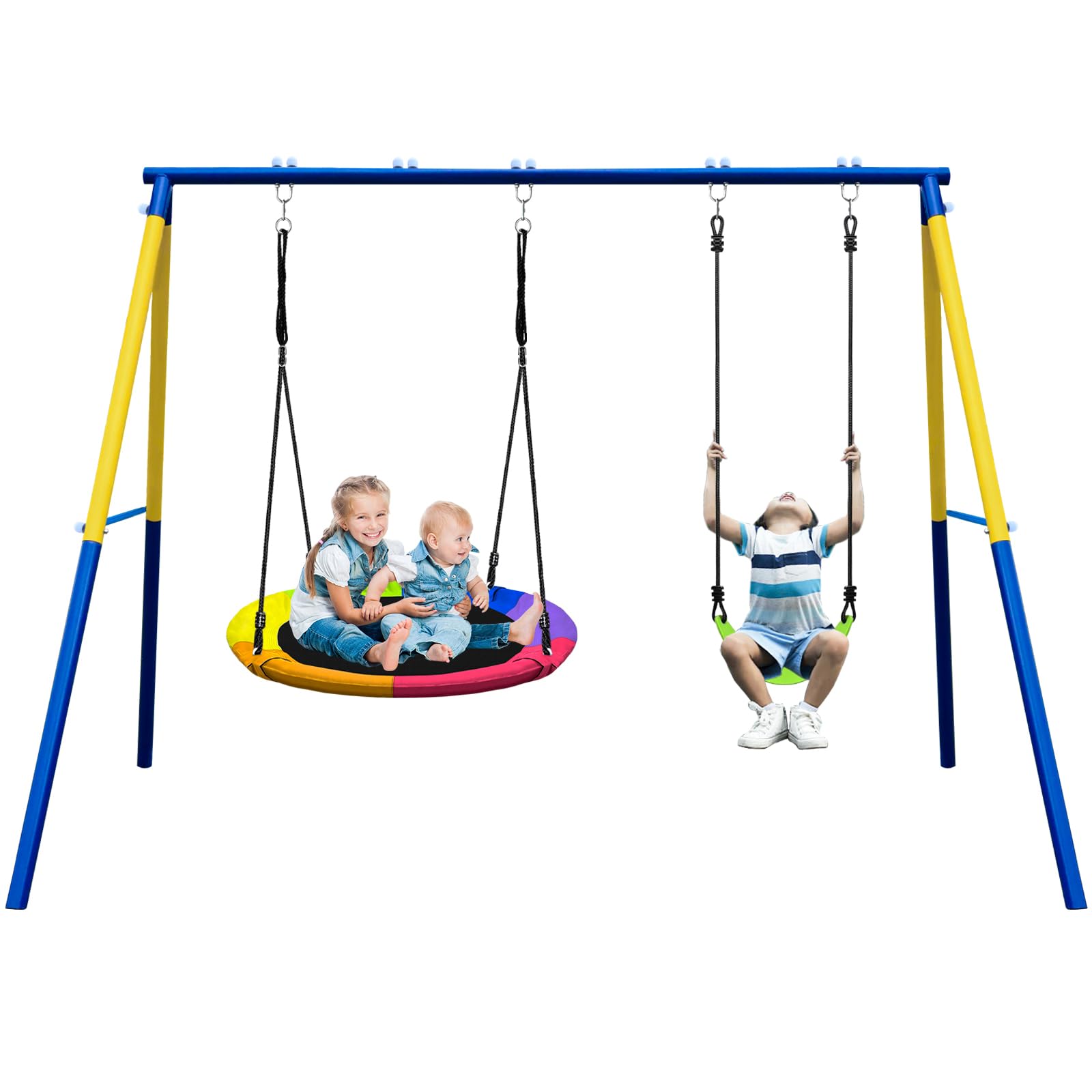 440lbs Heavy Duty 2-Seat Metal Swing Set for Backyard - Includes 1 Saucer Swing & 1 Belt Swing Seat with A-Frame Stand | Outdoor Playset for Kids | Perfect for Gardens, Parks & Backyard Fun