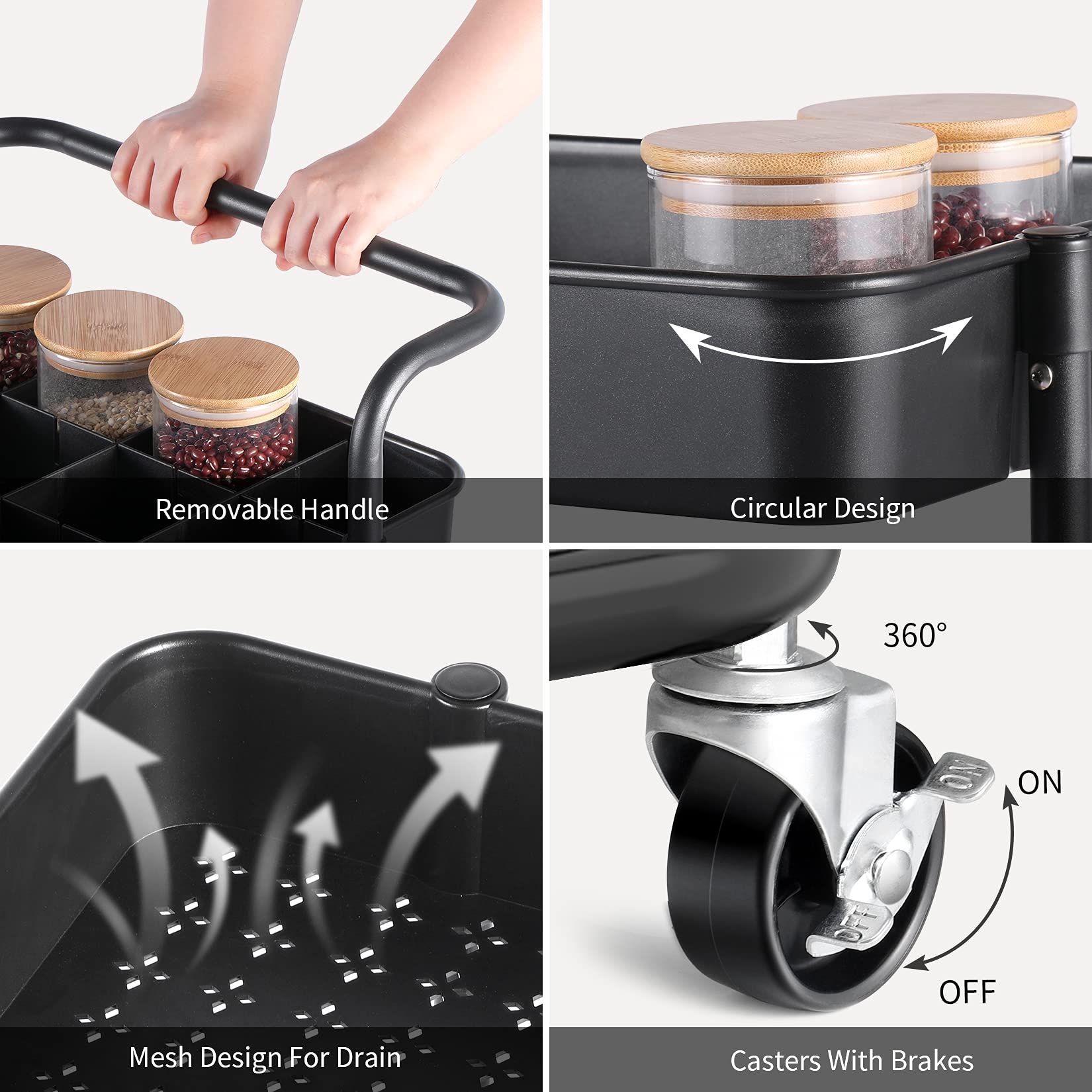 ALVOROG 3-Tier Rolling Utility Cart with Wheels & Hanging Cups - Mobile Storage Organizer for Kitchen, Office, Coffee Bar - Multifunctional Service Cart (Black) - Perfect for Home Organization, Commercial Use & Small Space Storage Solutions