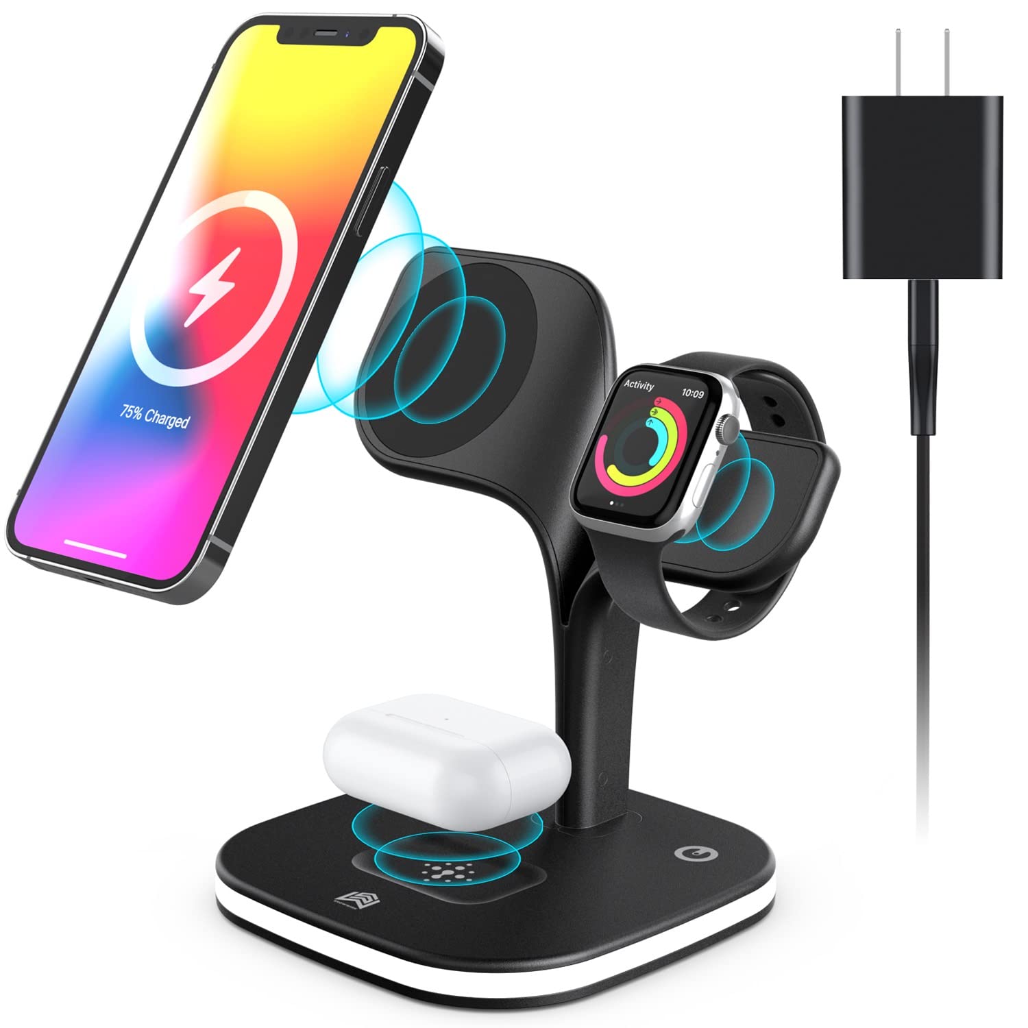 3-in-1 Magnetic Wireless Charger Stand with LED Night Light - 15W Fast Charging for iPhone 13/12 Pro Max/Pro/Mini, Apple Watch Series 7/6/SE/5/4/3/2 & AirPods Pro/3/2 (Black) | Perfect for Bedside, Office & Travel Charging