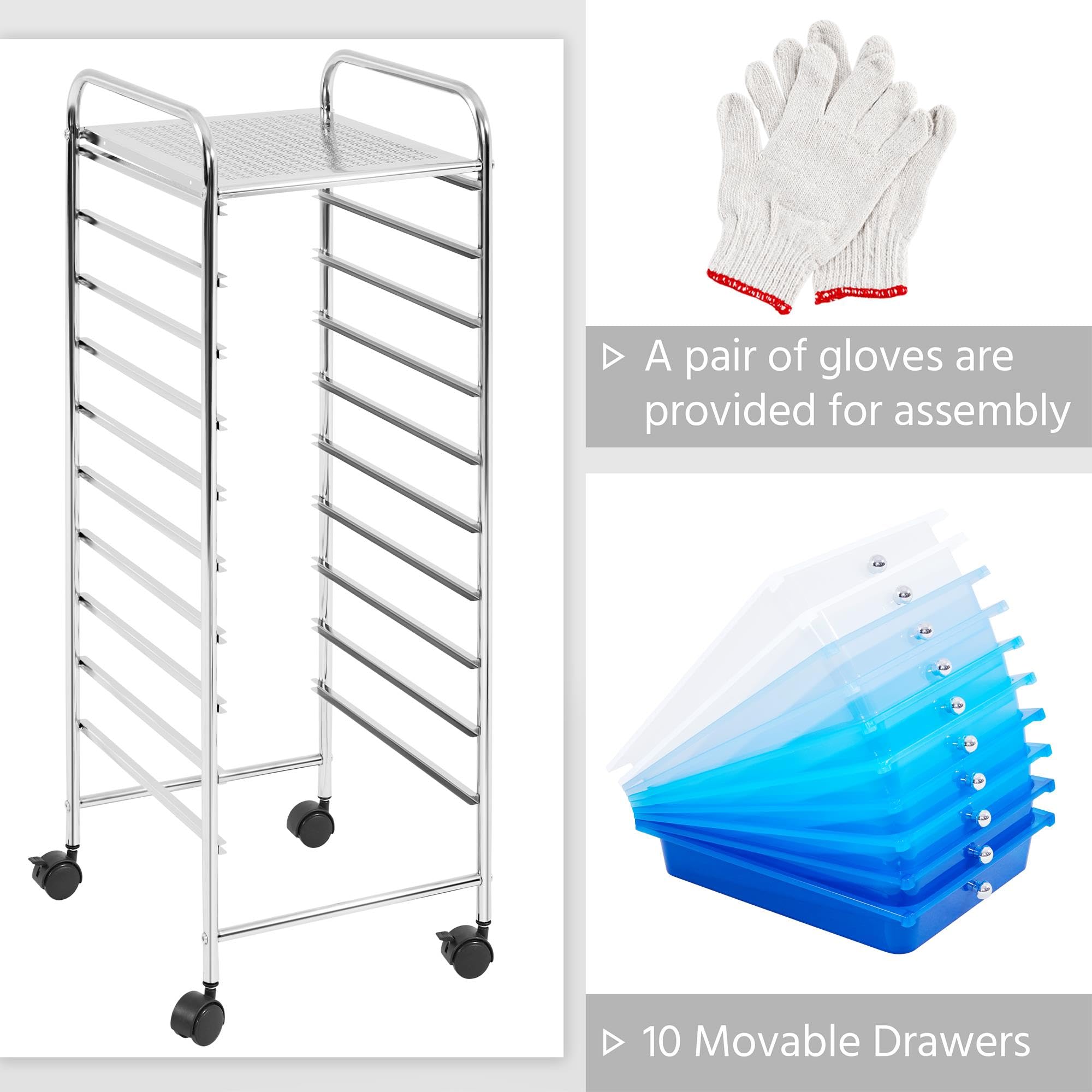 Topeakmart 10-Drawer Rolling Storage Cart - Plastic Utility Organizer with Wheels, Blue Gradient - Perfect for Home, Office, Garage & Craft Room Organization