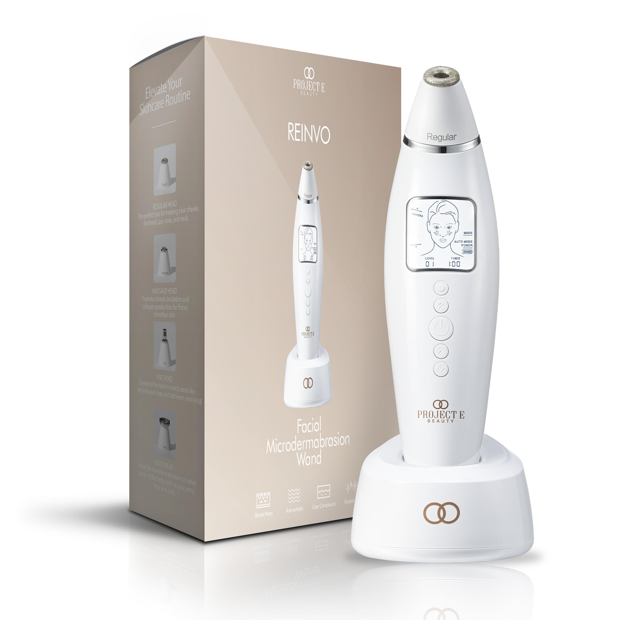 Project E Beauty Facial Microdermabrasion Wand - Gentle Exfoliating Device for Wrinkles, Fine Lines & Pores Reduction - 4 Interchangeable Heads with Vacuum Suction - Achieve Fresh, Radiant Skin - Perfect for At-Home Spa Treatments & Anti-Aging Skincare Routine