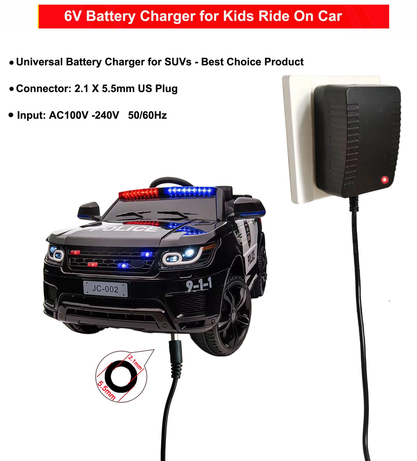 6V 1000mA Battery Charger for Ride-On Toys, Electric Cars, Power Wheels - Replacement Charger for Kids' Toy Cars, RC Vehicles, ATV, SUV, Truck & Trax - Perfect for Home, Outdoor Play & Backyard Adventures