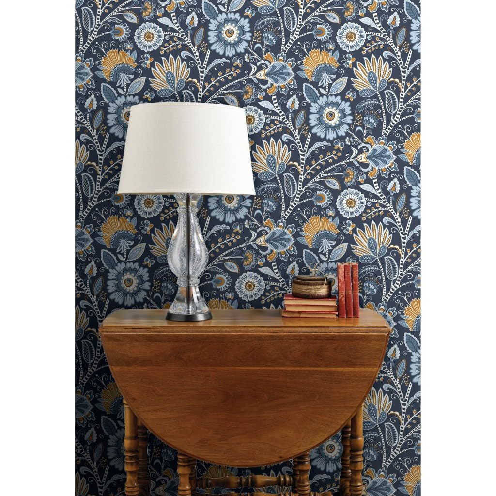 Premium Commercial Grade Wallpaper 27ft x 2ft - Blue Floral Butterfly Navy Chintz Traditional Wall Covering for Home Decor | Perfect for Living Rooms, Bedrooms & Dining Areas