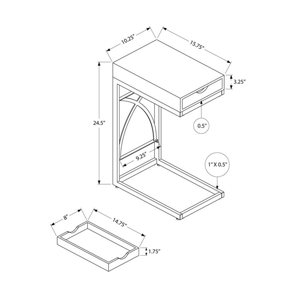 Monarch Specialties 3170 C-Shaped End Side Table with Drawer - Glossy White Laminate & Chrome Metal - 10.25
