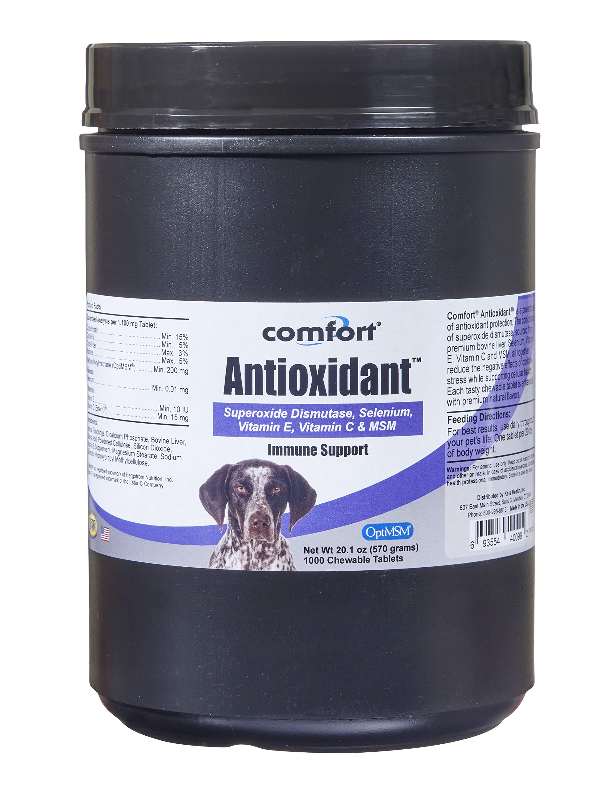 Kala Health COMFORT Antioxidant Supplement for Dogs - 1,000 Count, Immune Support & Skin Allergy Relief with MSM, Superoxide Dismutase, Selenium, Vitamins C & E - Made in USA | Supports Joint Health & Vitality for Active Dogs