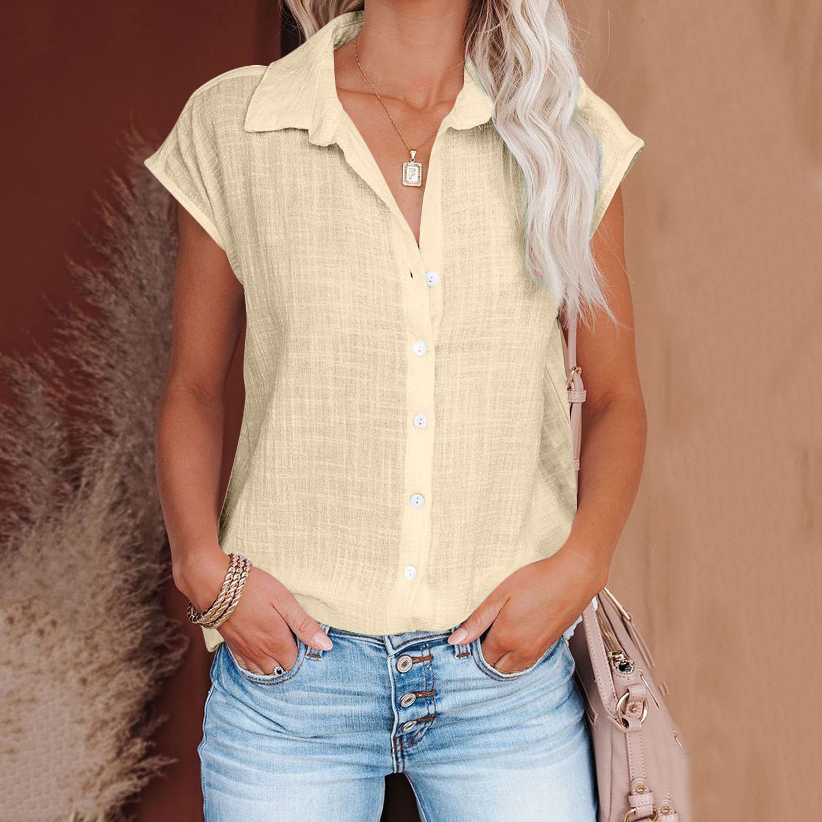 Trendy Women's Cotton Linen Short Sleeve Blouses - Loose Fit Casual & Dressy Tops for Summer 2024 | Perfect for Office Wear, Weekend Outings & Beach Vacations