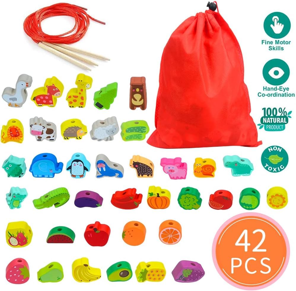TOLOYE Wooden Montessori Threading Toys for Toddlers - Animals, Fruits & Vegetables Lacing Beads - Educational Learning Toys for 3-4 Year Old Boys & Girls - Perfect for Fine Motor Skills Development & Preschool Learning Activities