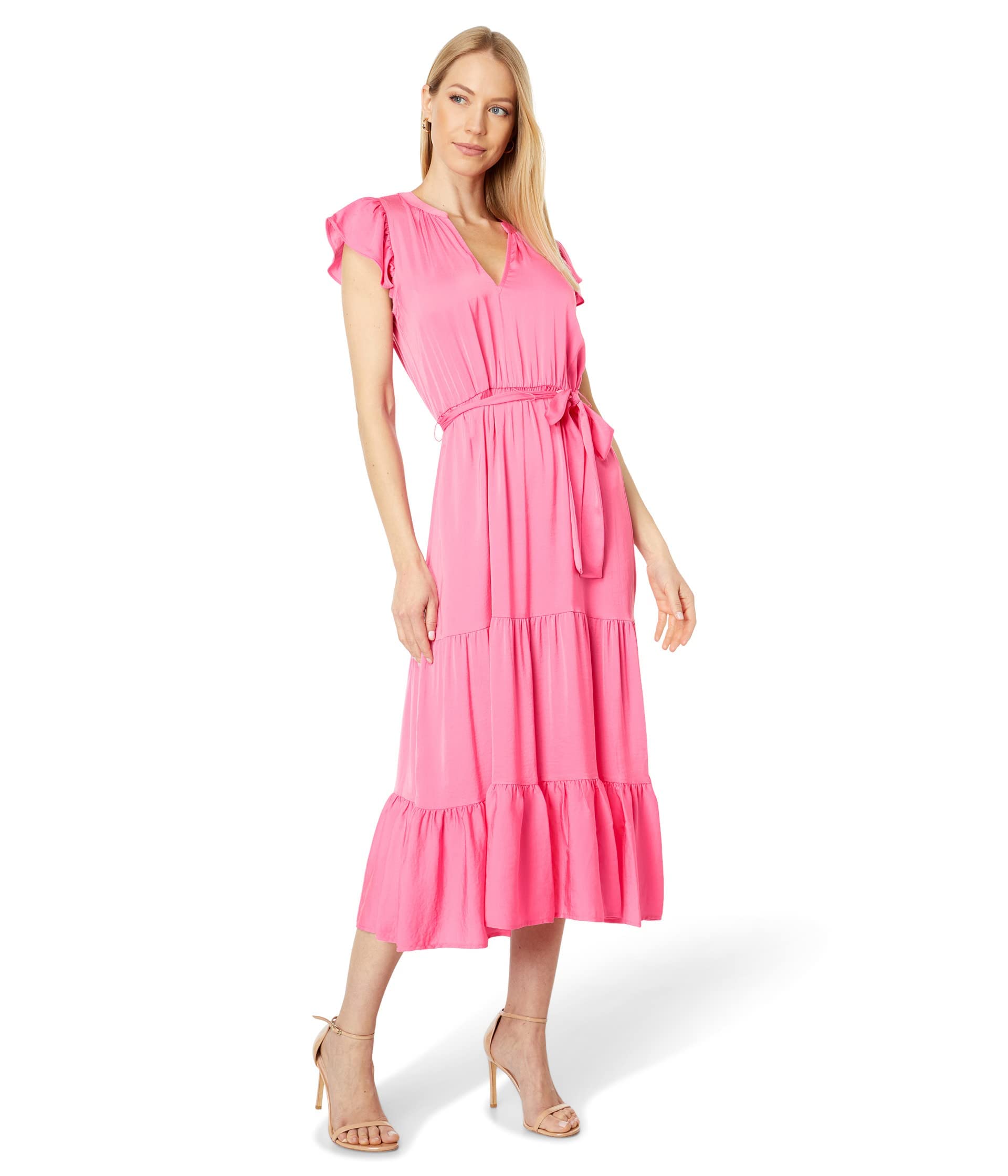Tommy Hilfiger Women's Flutter Sleeve Tiered Tie-Waist Dress - Casual Summer Flowy Dress for Beach, Brunch & Date Night