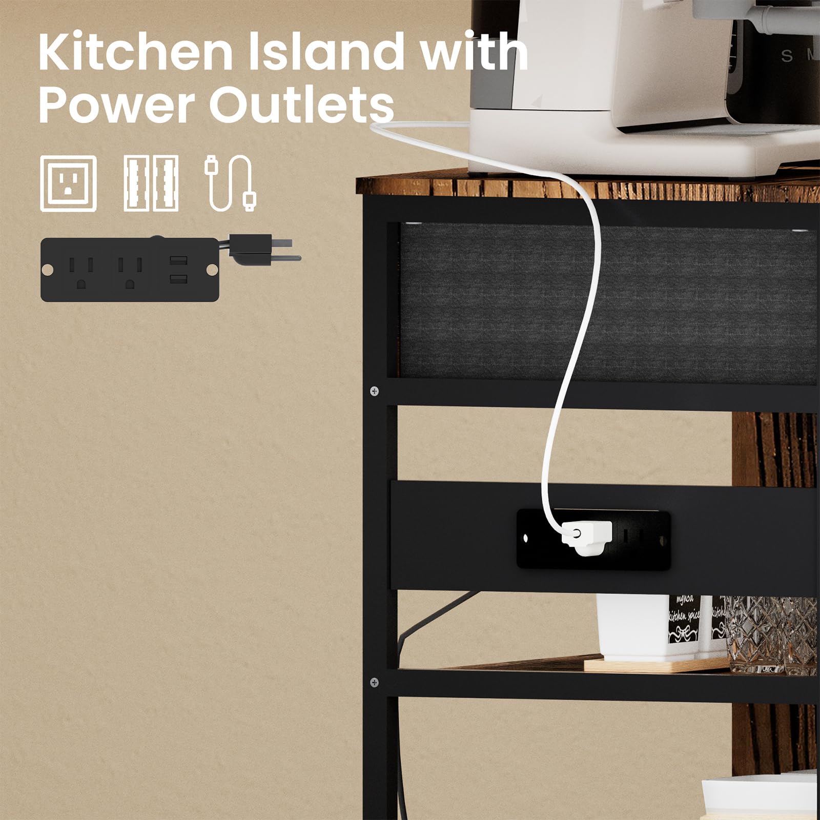 Modern Kitchen Island with Open Storage Shelves & Power Outlet - Rustic Brown Bar Table with Spice Rack | Perfect for Small Kitchens, Breakfast Nooks & Entertaining Guests