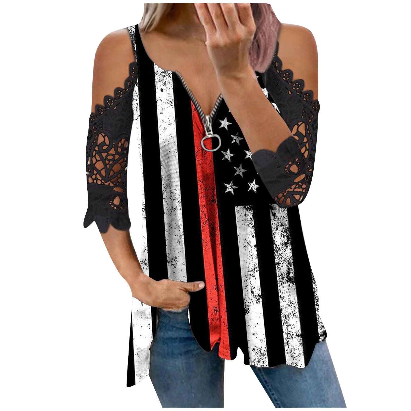 Women's 4th of July Patriotic Cold Shoulder T-Shirt - V Neck Zipper Tee with Lace Stitching & Asymmetrical Hem - Perfect for Summer BBQ, Independence Day Parties & Casual Outings