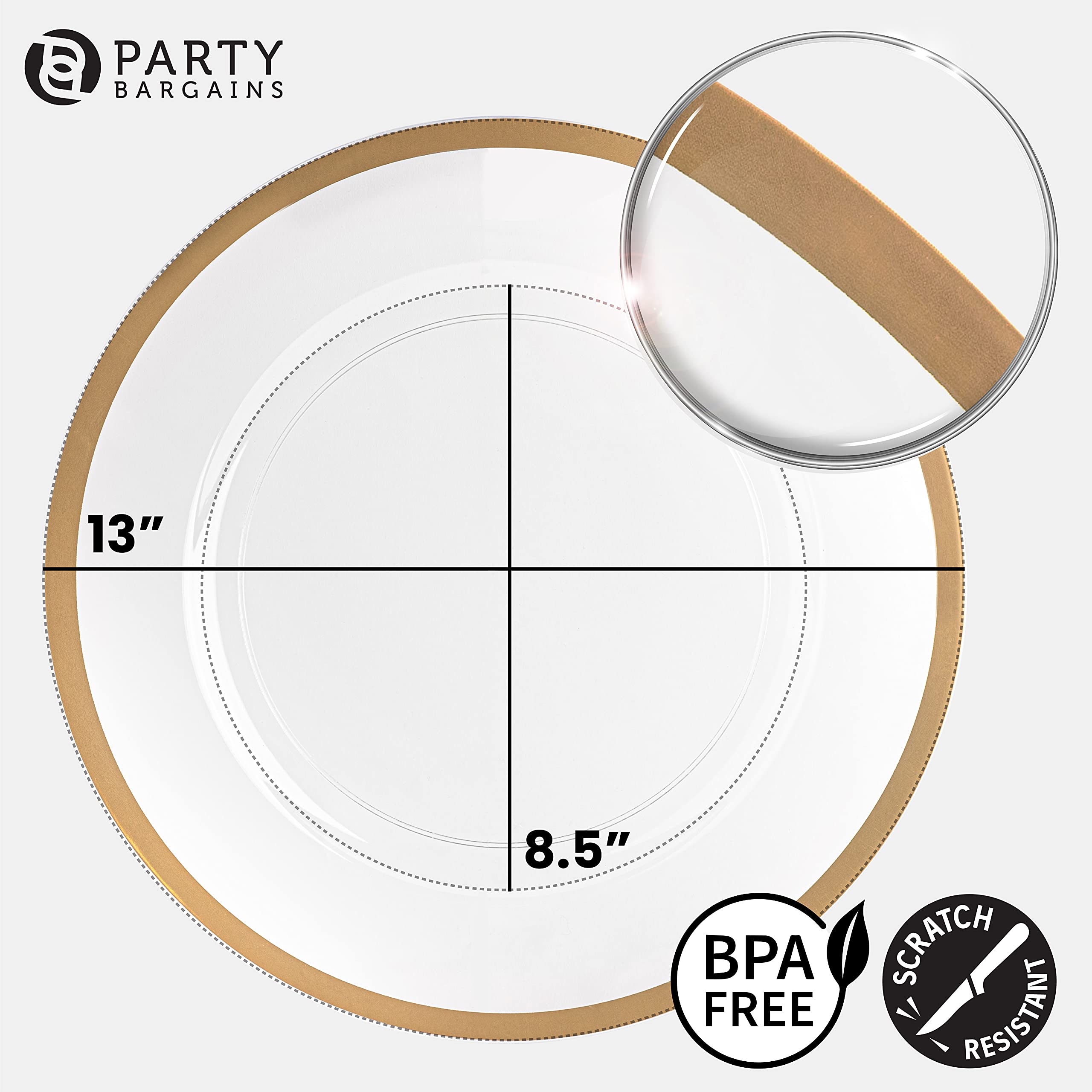 13-Inch Clear Gold Rim Disposable Charger Plates - 96 Pack Heavy-Duty Elegant Dining Plates for Weddings, Parties & Formal Events - Perfect for Buffets, Banquets & Upscale Catering