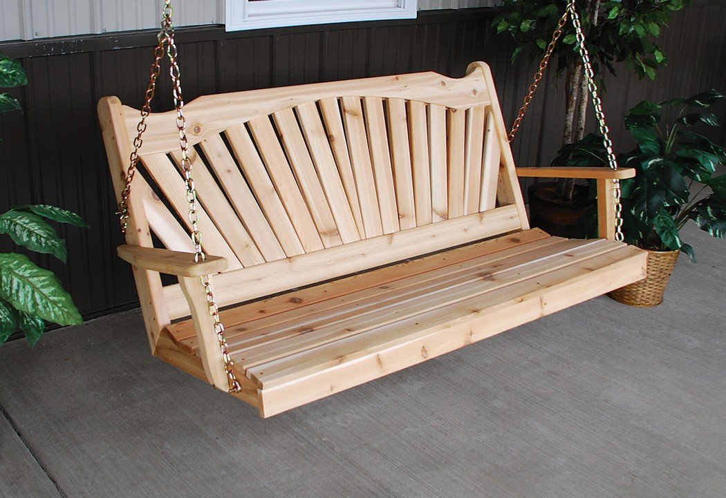 A & L Furniture Oak Stained Fan Back Porch Swing - Outdoor Patio Hanging Chair for Garden, Backyard, and Deck Relaxation