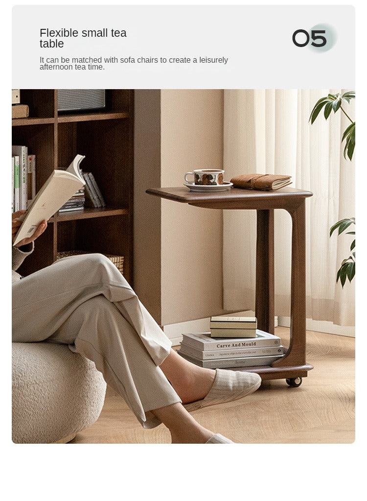 Premium Black Walnut Solid Wood Mobile Side Table - Rolling End Table with Wheels for Living Room, Bedroom, or Office - Natural Wood Nightstand with Storage Shelf