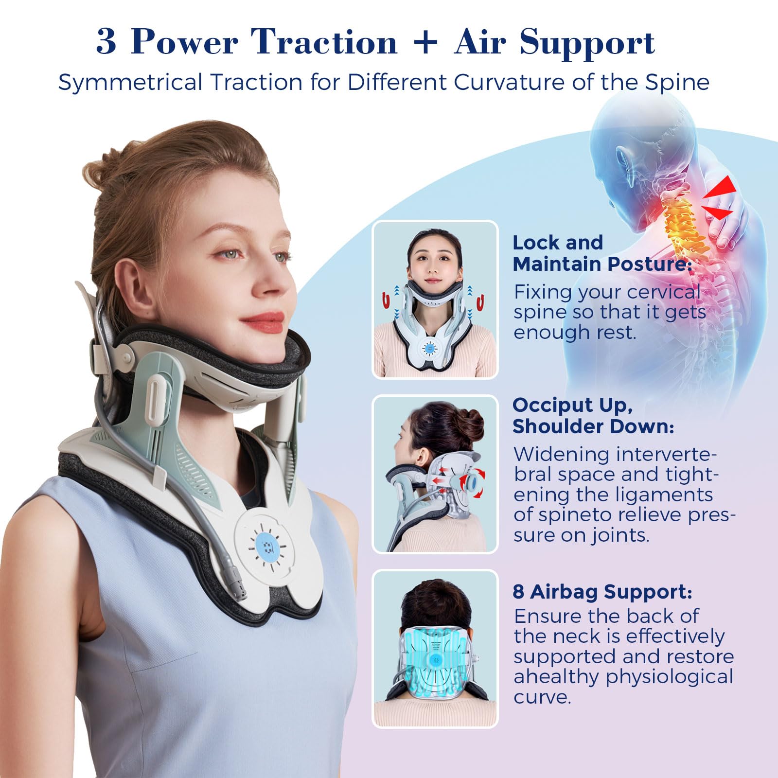 **Cervical Neck Traction Device for Pain Relief - Air Pump Neck Brace with 3 Power Traction & 8 Airbag Support - Neck Decompression & Tension Relief - Perfect for Office, Travel & Home Use**