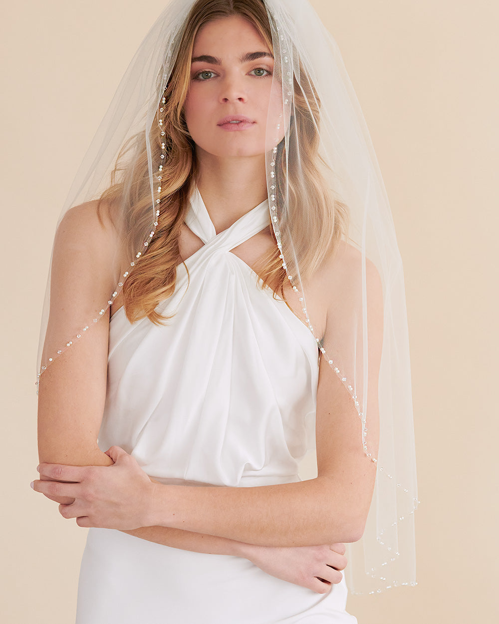 Claire Pearl Wedding Veil - Elegant Bridal Accessory for Church Ceremony & Romantic Photos | Pearl Embellished Tulle Veil with Comb | Perfect for Traditional & Beach Weddings