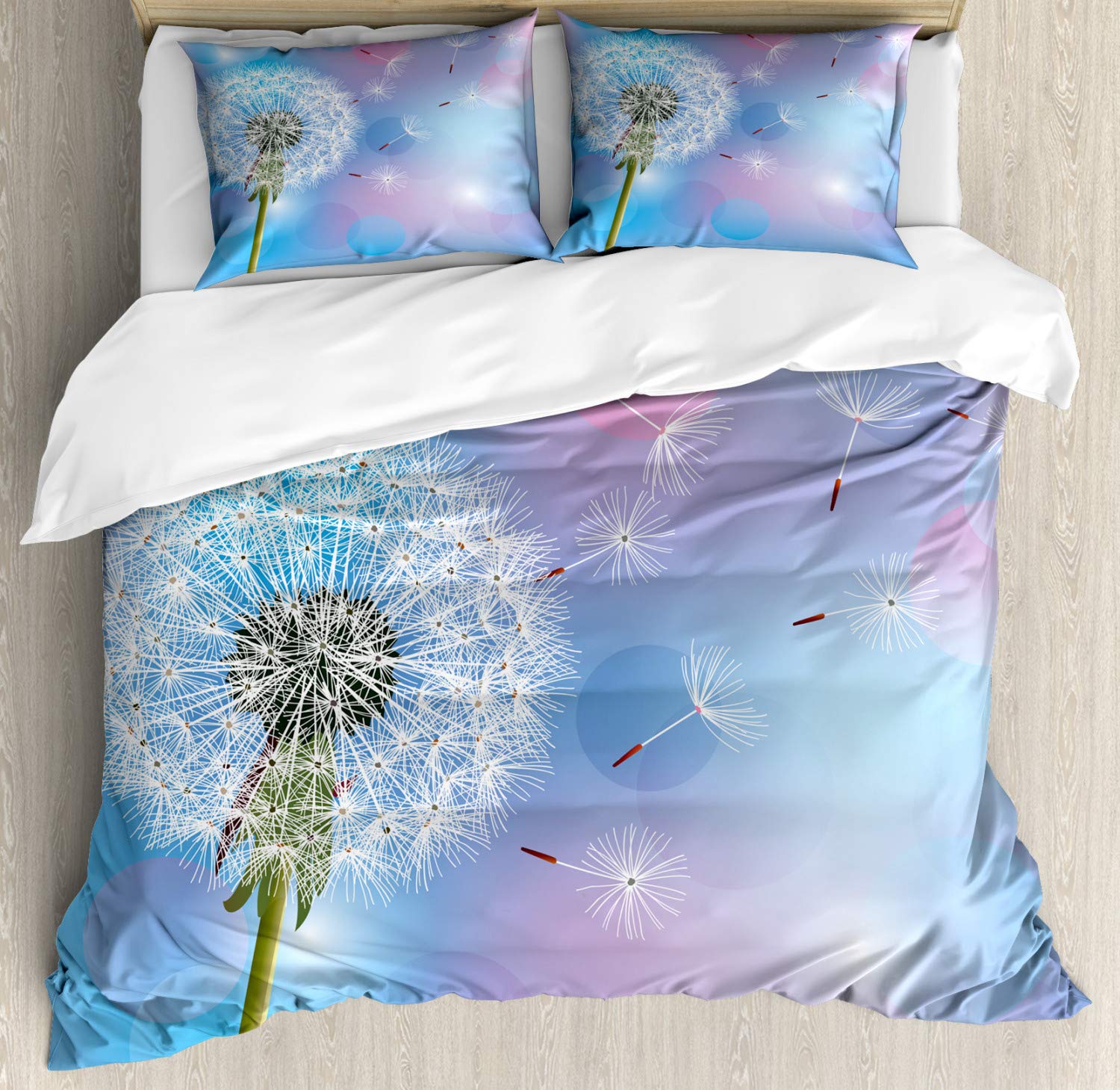Ambesonne Dandelion Duvet Cover Set 3-Piece - Bokeh Floral Design with Wind-Blown Flowers, California King Size in Sky Blue, Pale Pink & Green | Soft Bedding for Spring Decor, Guest Room Makeover & Cozy Bedroom Upgrade