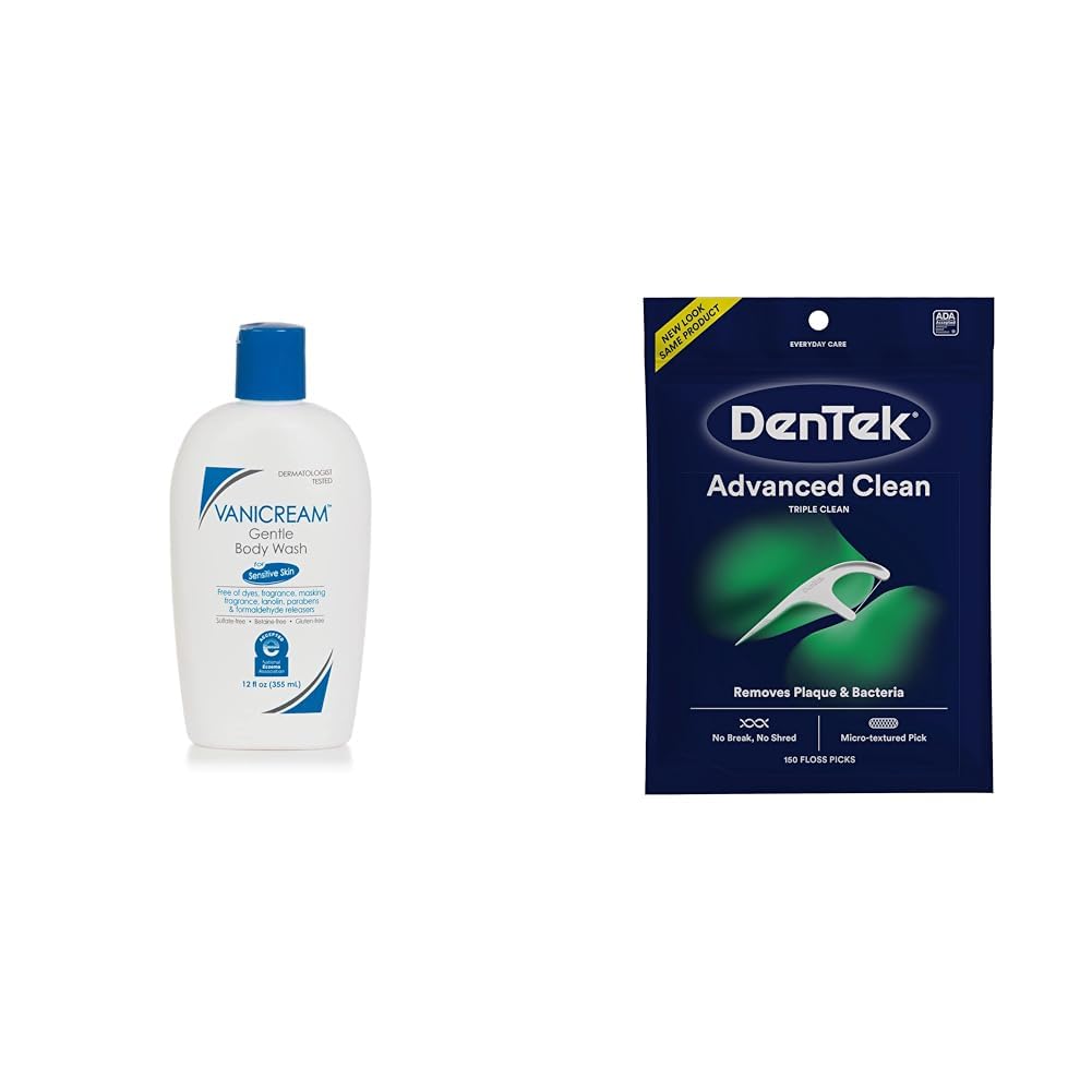 Vanicream Gentle Body Wash for Sensitive Skin 12 fl oz with DenTek Triple Clean Floss Picks 150 Count - Hypoallergenic Skincare & Dental Care Bundle for Daily Hygiene Routine