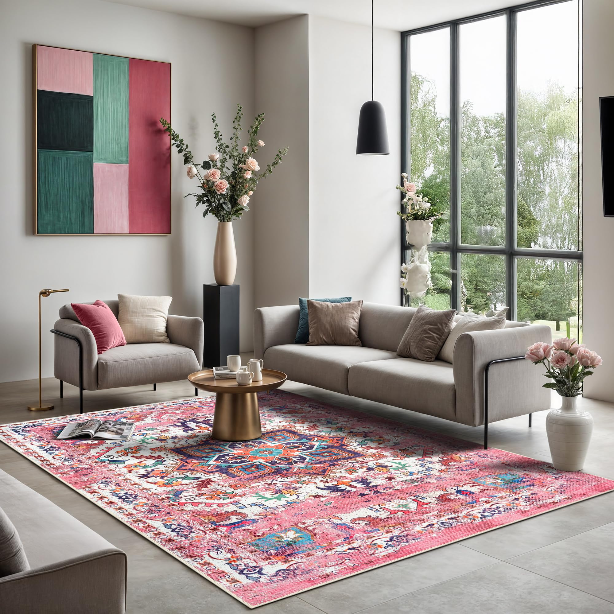 GLN Traditional Collection - Washable Non-Slip Low Pile Chenille Area Rug 6'6