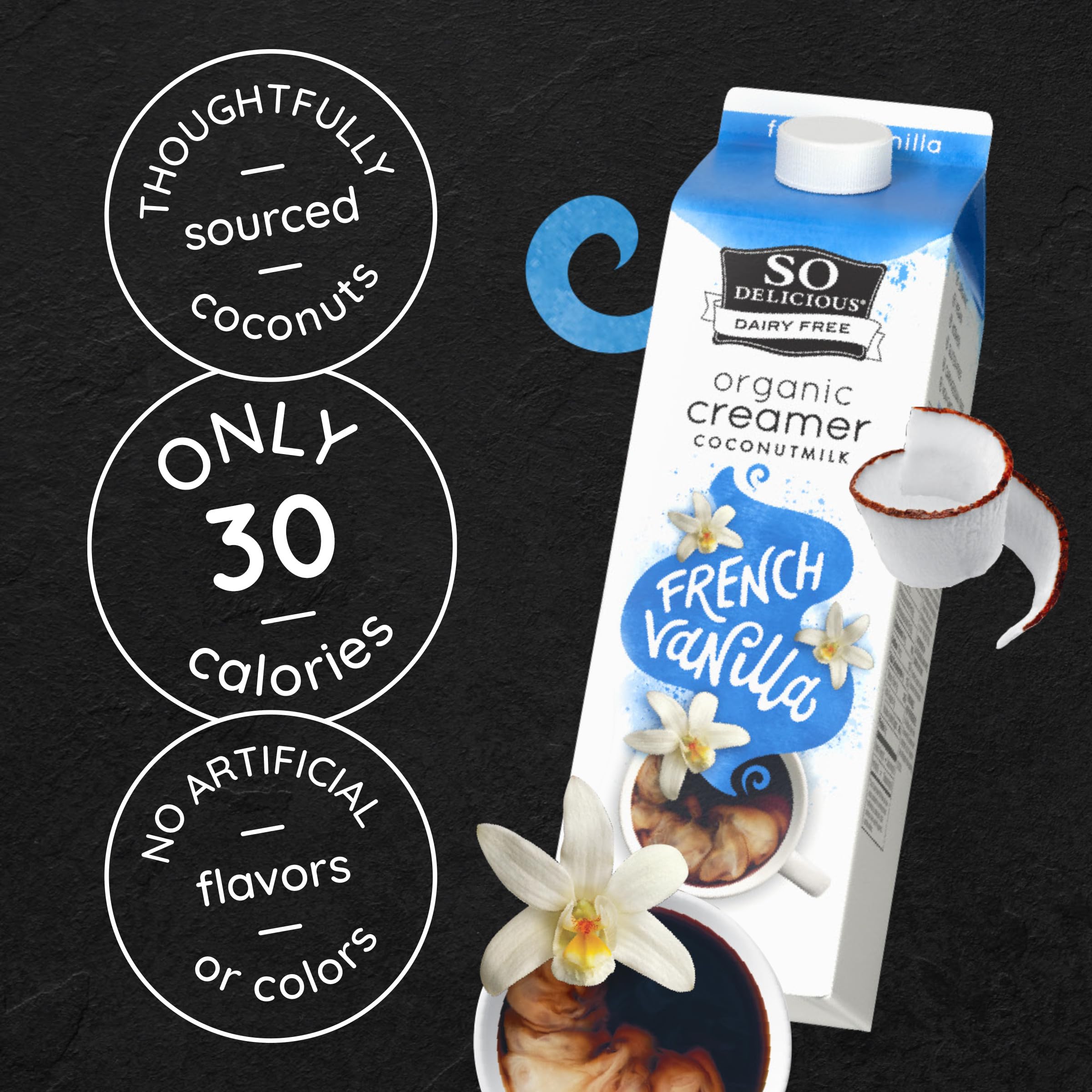 So Delicious Dairy Free Coconut Milk Creamer - French Vanilla Flavor, Vegan, Organic, Non-GMO, Plant-Based Coffee Creamer, 32 FL OZ Carton - Perfect for Coffee, Tea, Smoothies & Baking