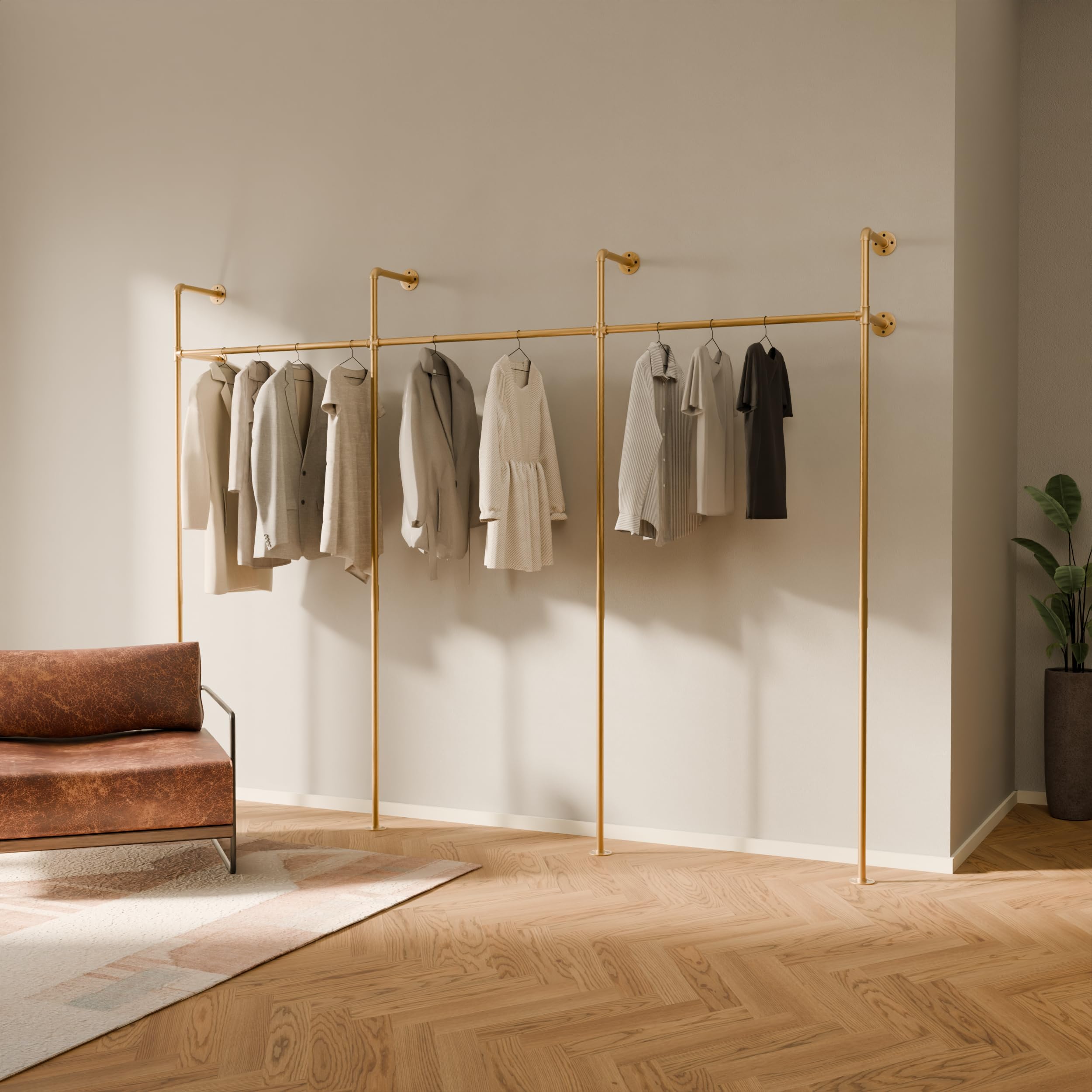 Heavy Duty Gold Industrial Pipe Clothing Rack - 660 lbs Capacity Wall Mounted Garment Rack for Walk-In Closets & Wardrobe Organization - Perfect for Home, Laundry Room, Retail Stores & Boutique Display