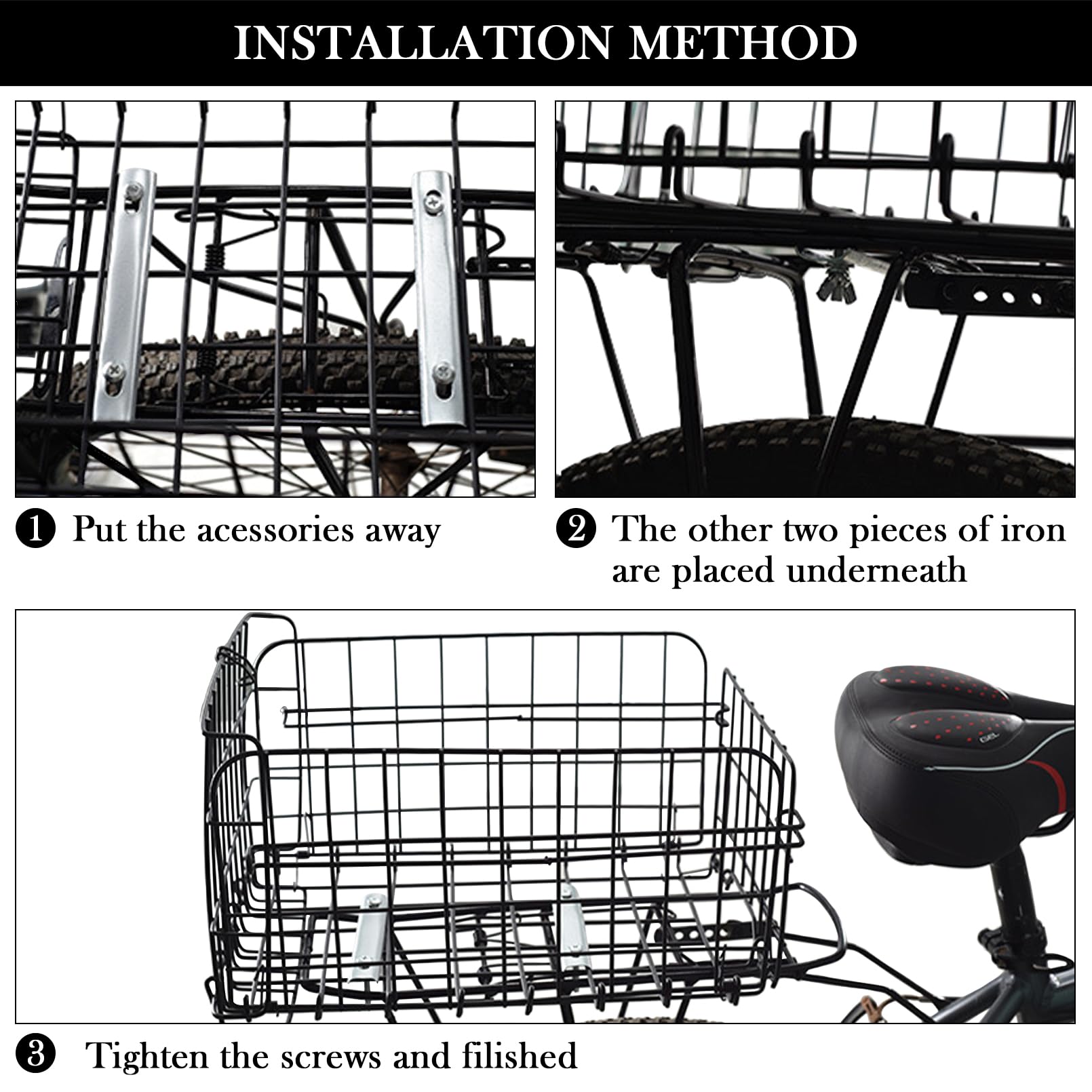 Rear Bike Basket - Foldable & Detachable Metal Bicycle Cargo Rack with Adjustable Strap & Reflective Tail Light - Universal Fit for Most Bike Racks - Perfect for Grocery Shopping, Commuting & Outdoor Adventures