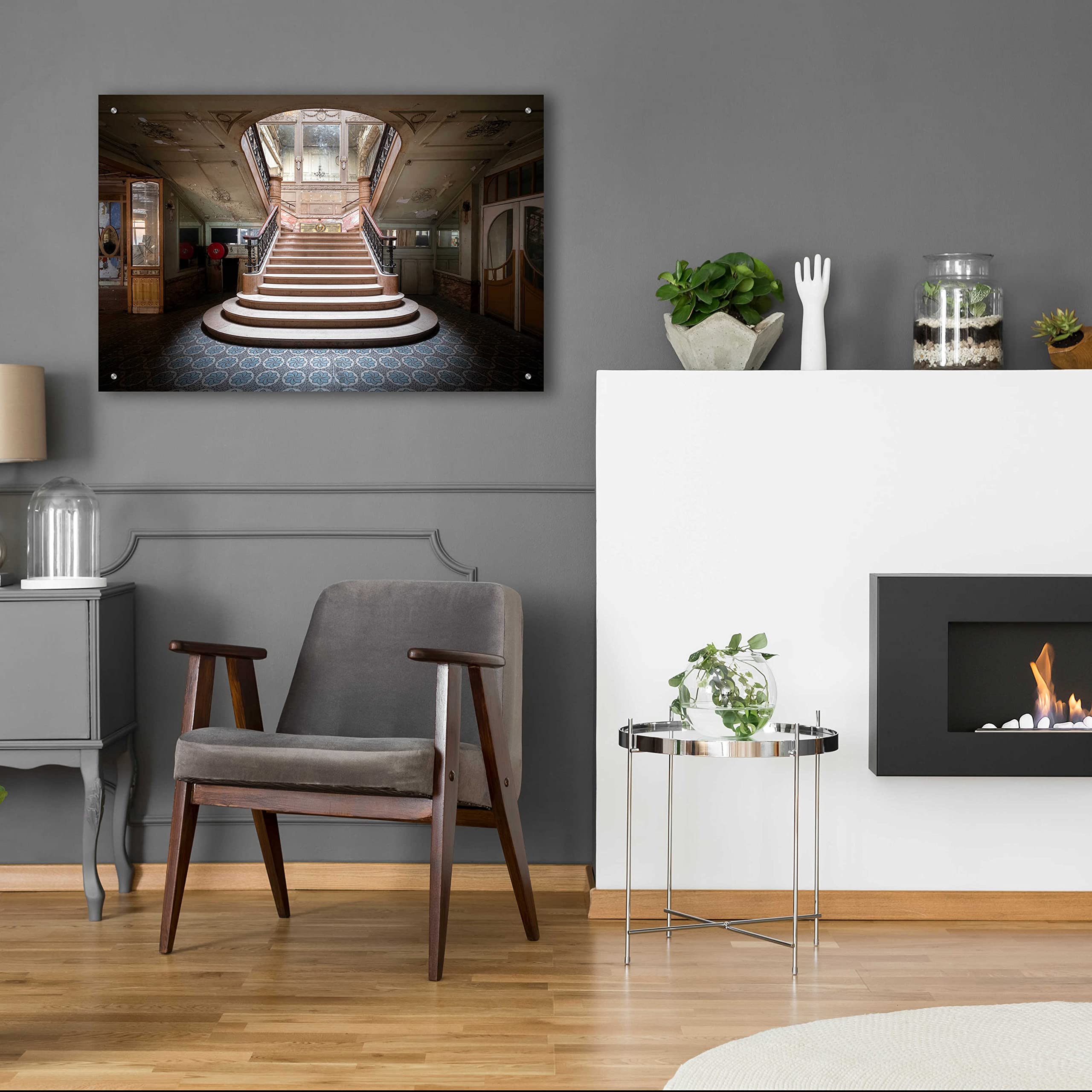 Elegant Stairs Dark Acrylic Glass Wall Art by Roman Robroek - 36x24 Inches Modern Home Decor for Living Room, Bedroom & Office