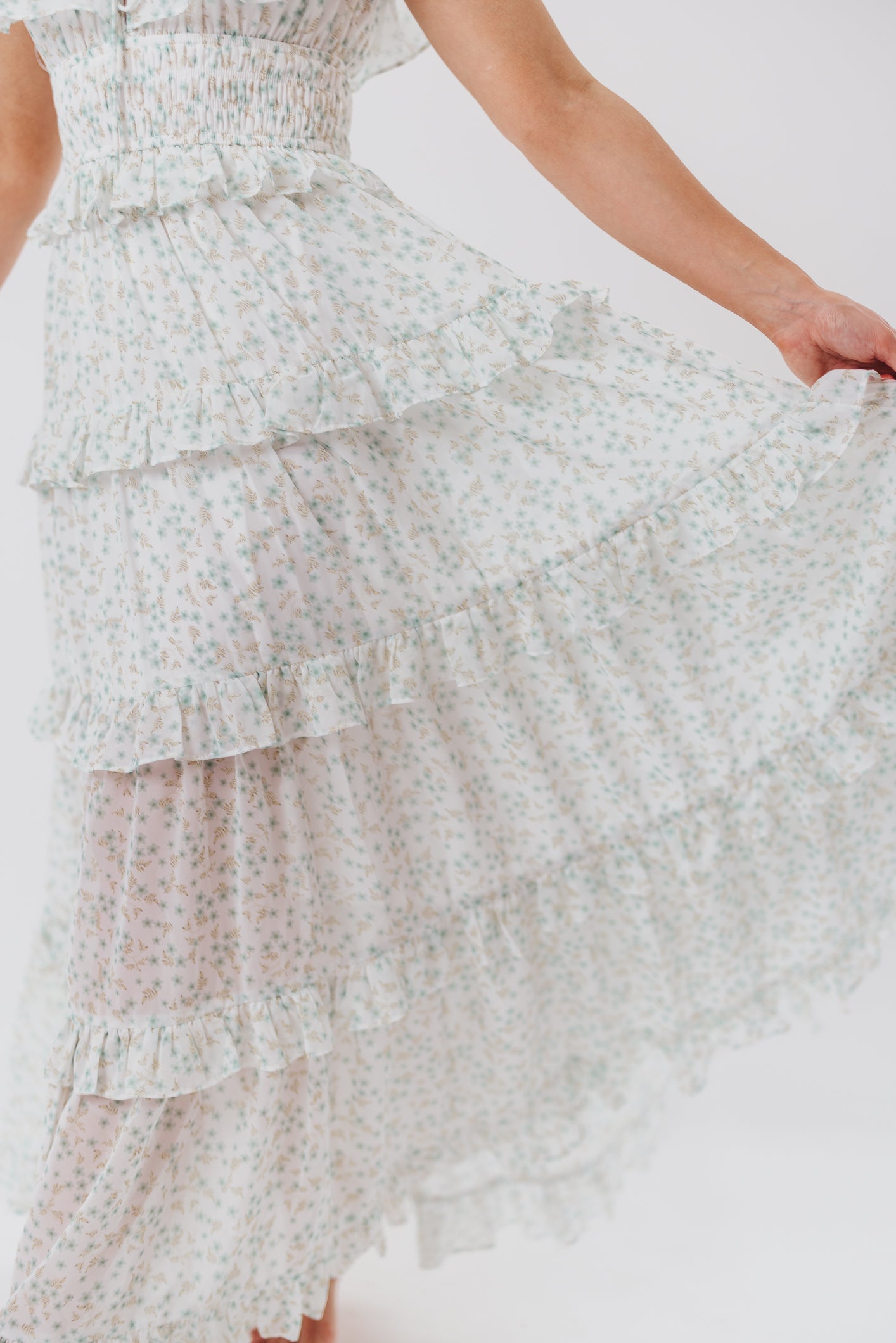 Astrid Ruffle Detail Maxi Dress in Sage Floral - Bump Friendly Maternity Dress for Pregnancy, Nursing & Special Occasions | Flowy Summer Dress for Beach, Wedding & Vacation