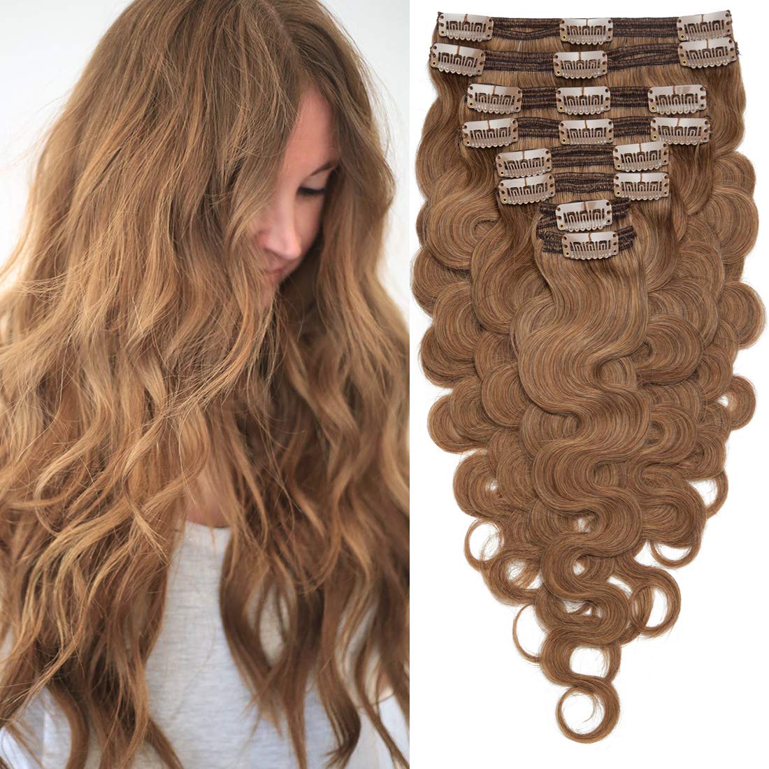 S-noilite 18 Inch Clip in Human Hair Extensions - 100% Remy Human Hair, Double Weft, Wavy/Curly Style (8 Pieces, 18 Clips, 140g, Light Brown #06) - Perfect for Parties, Weddings & Daily Styling
