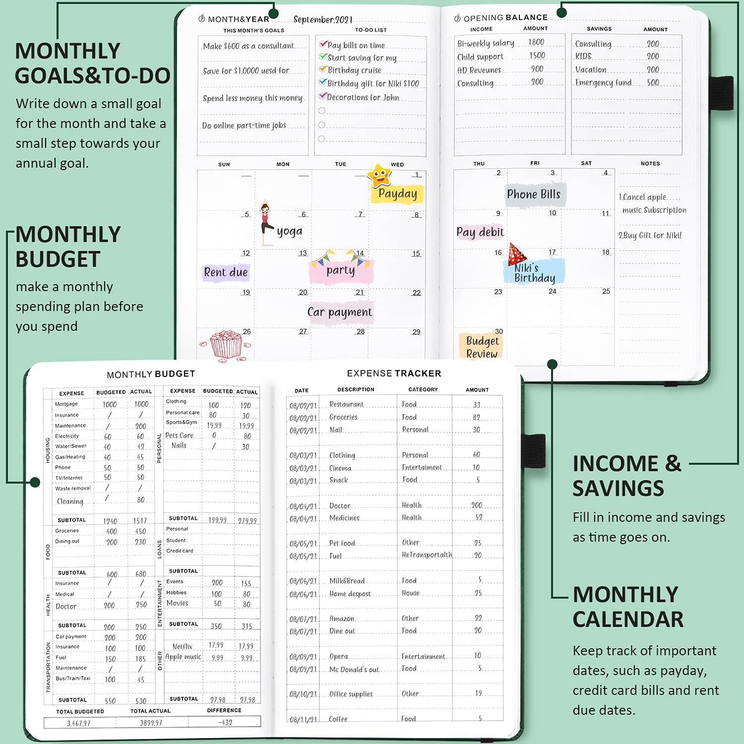 JUBTIC 2025 Monthly Budget Planner - Undated Financial Organizer with Expense Tracker Notebook | A5 Account Book for Home & Office | Dark Green | Perfect for Personal Finance Management & Budget Tracking