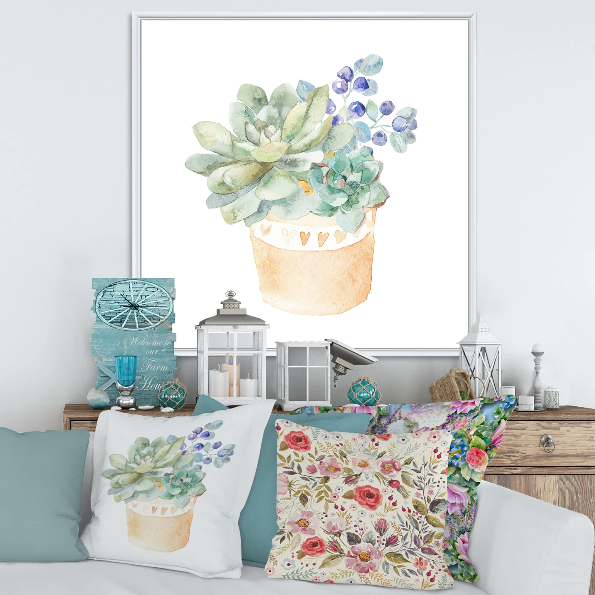 DesignQ Succulent Flower in Terracotta Pot II - Traditional Framed Canvas Wall Art Print for Home & Office Decor | Perfect for Living Room, Bedroom, Kitchen