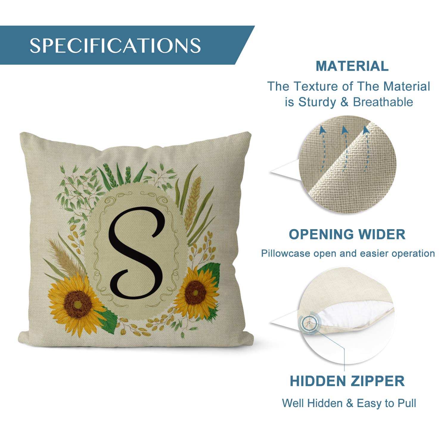 Custom Personalized Summer Spring Throw Pillow Cover - Monogram Initial Name & Family Last Name Sunflower Design - 18x18 Inch Linen Cushion Case for Sofa, Couch, Bedroom Decor - Perfect for Home, Living Room & Gift Giving