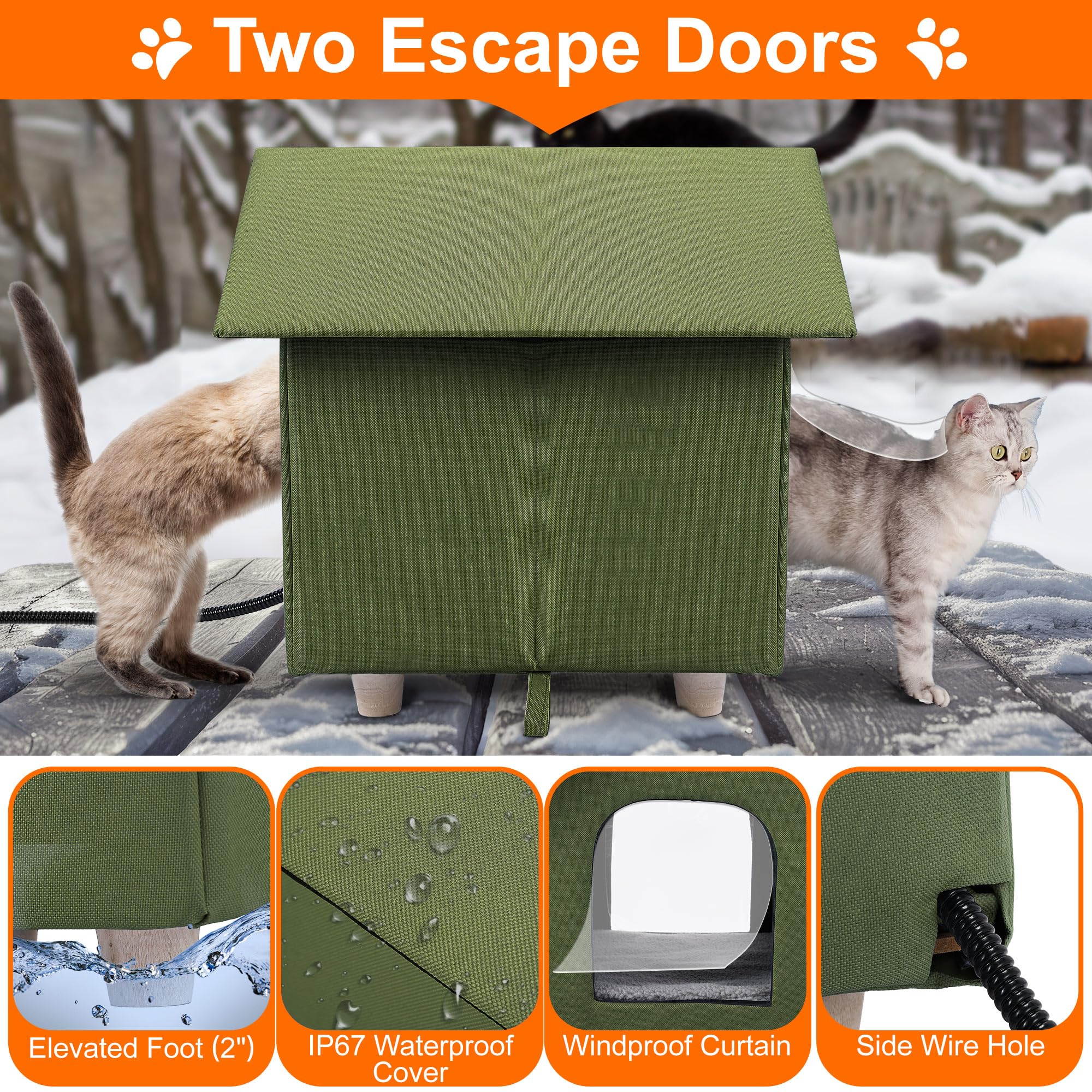 Heated Cat House - Weatherproof Outdoor Shelter with Heated Bed for Winter, Feral Cats & Small Pets - Green