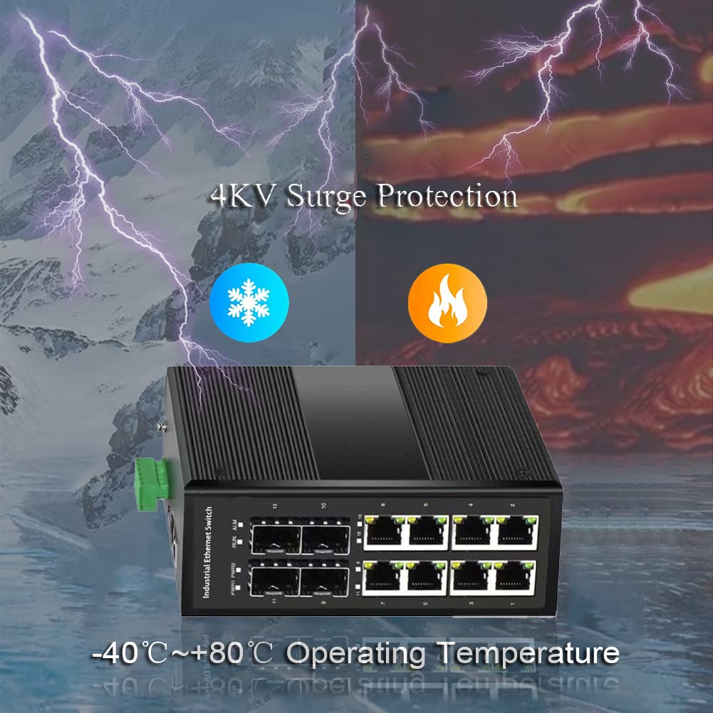 8-Port Industrial Gigabit Managed PoE Switch with 4 SFP Slots | 10/100/1000Mbps Web Management DIN Rail Network Switch | Supports Ring Network, VLAN, STP, LACP, QoS | Ideal for Factory Automation, Security Systems & Outdoor Networking