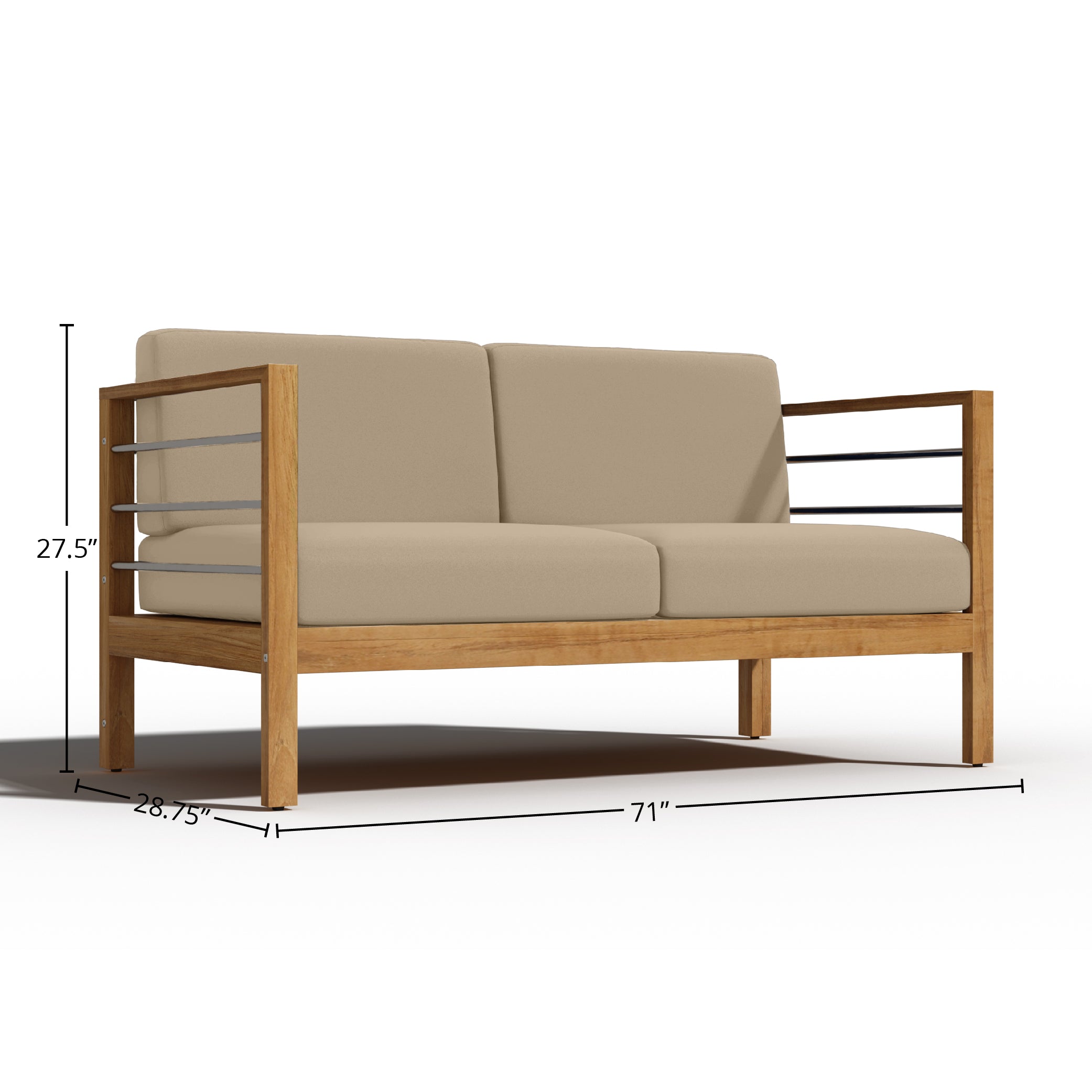Premium 3-Person Teak Outdoor Sofa with Sunbrella Fawn Cushion – Weather-Resistant Patio Furniture for Garden, Poolside & Backyard Relaxation
