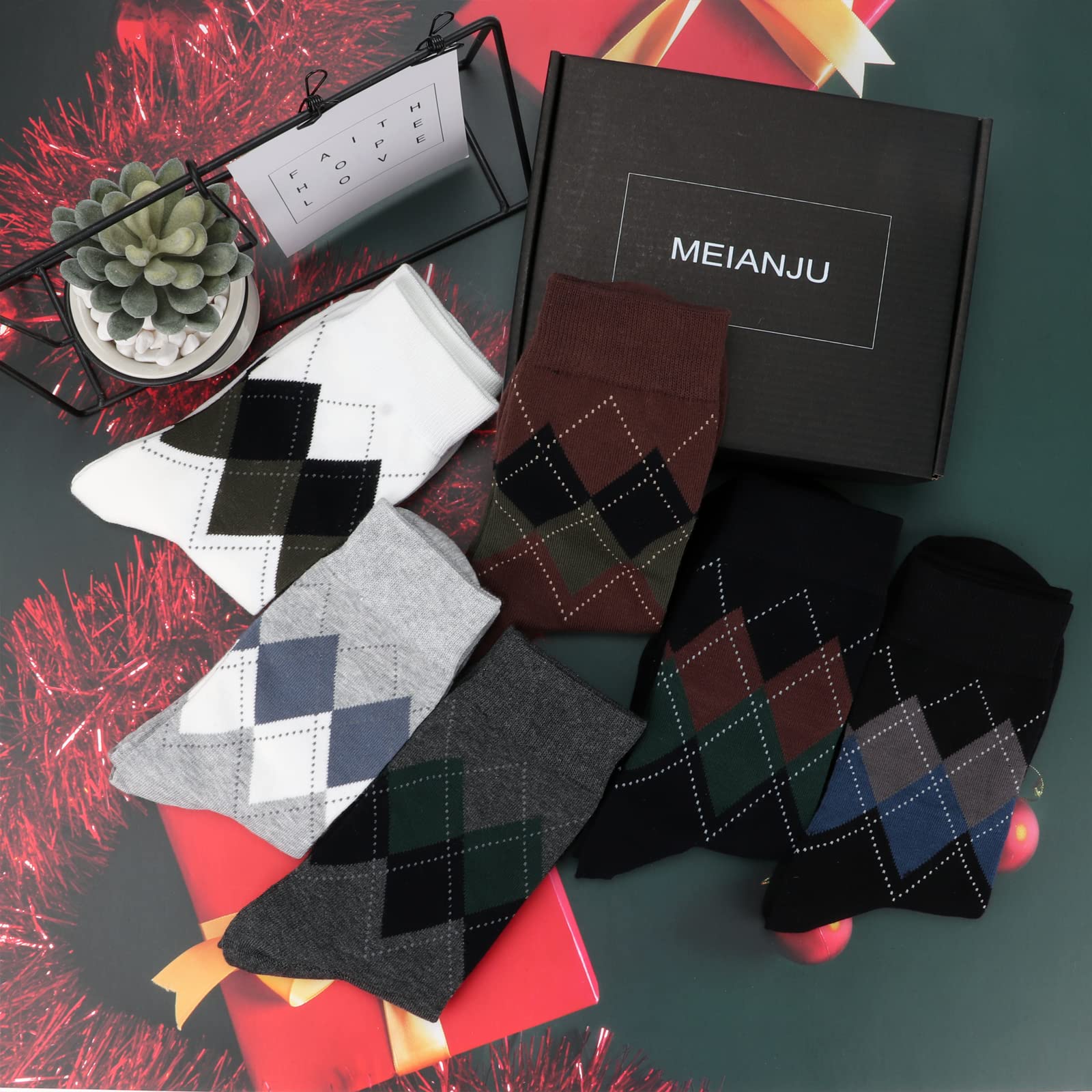 Premium Men's Dress Socks - 6-Pair Gift Box Set | Soft Cotton Crew Work Socks with Argyle Pattern | Size 9-12 | Perfect for Office, Business Meetings & Formal Occasions
