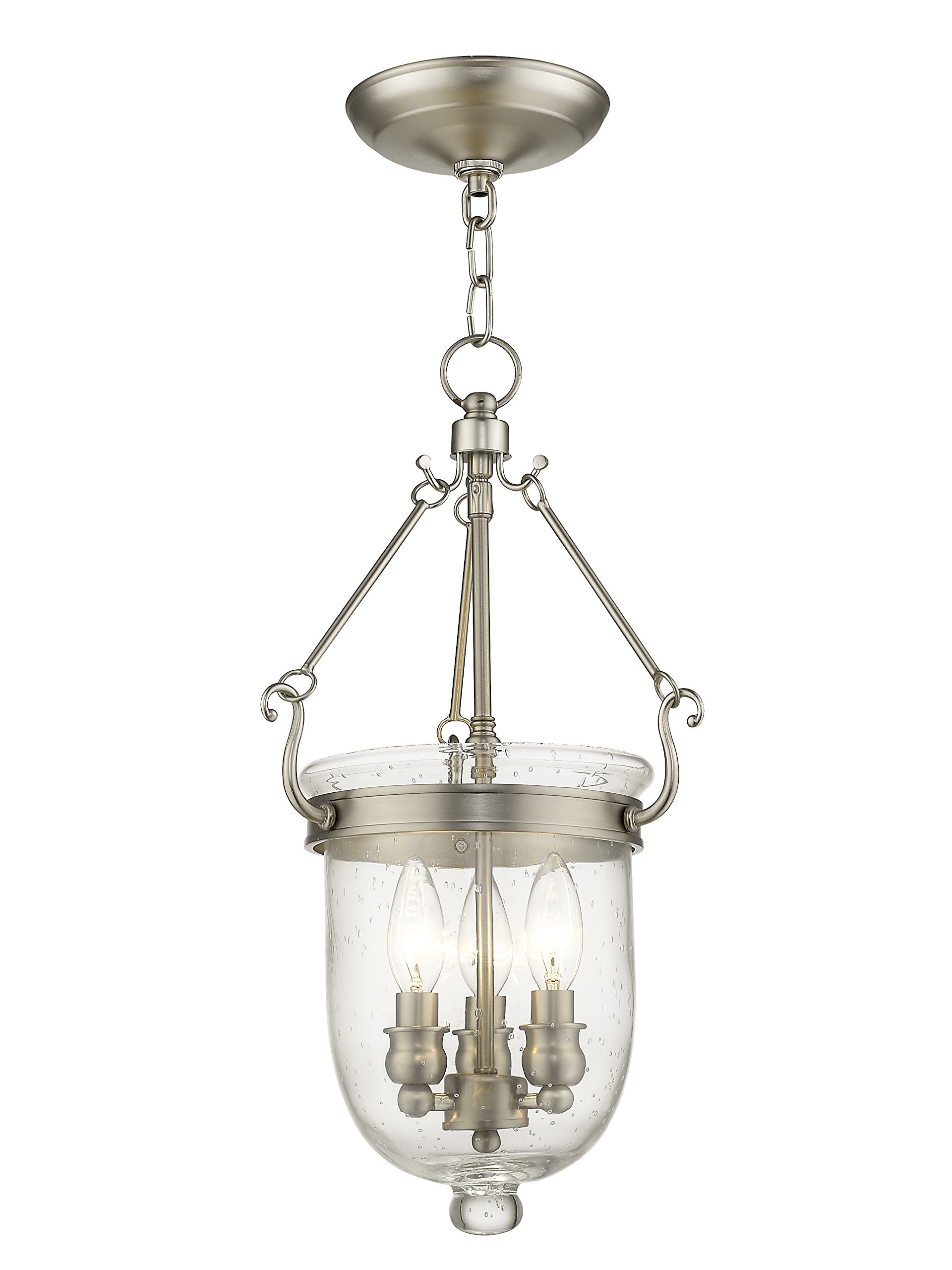 Livex Lighting 5083-91 Jefferson 3-Light Brushed Nickel Hanging Lantern with Seeded Glass Bell Jar - Perfect for Dining Room, Kitchen Island, or Entryway Lighting
