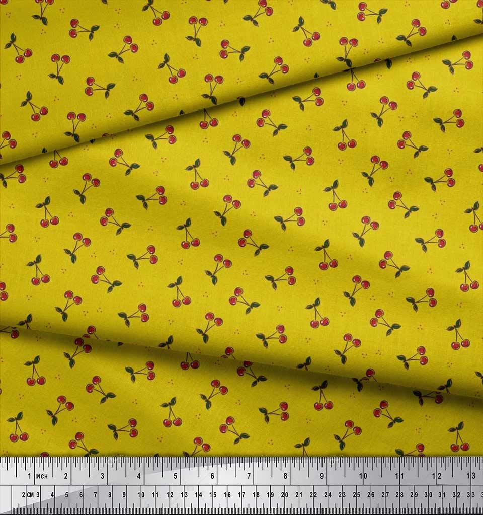 Soimoi 100% Cotton Poplin Fabric by The Yard - 42 Inch Wide Yellow Dot Leaves & Cherry Print Material for Dresses, Skirts, and DIY Crafts - Soft Breathable Fabric for Spring Summer Sewing Projects