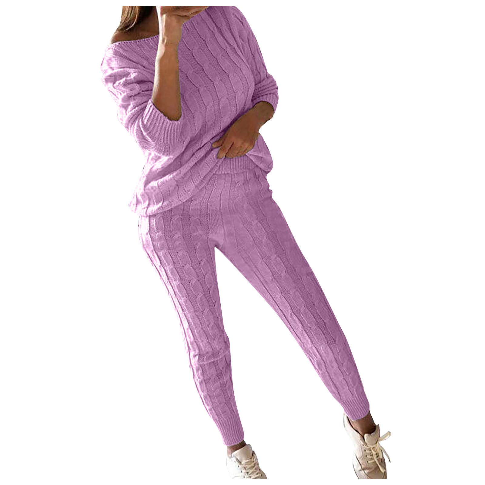 Women's 2-Piece Workout Sets - Solid Round Neck Cable Knitted Gym Outfits & Loungewear for Women | Warm Matching Suits for Yoga, Running & Casual Wear