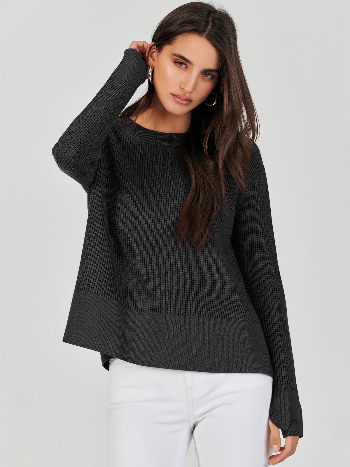 ANRABESS Women's Long Sleeve Waffle Knit Pullover Sweater with Side Zipper & Thumbholes | Casual Crewneck Top for Fall 2024 | Perfect for Autumn Layering, Coffee Dates & Weekend Outings