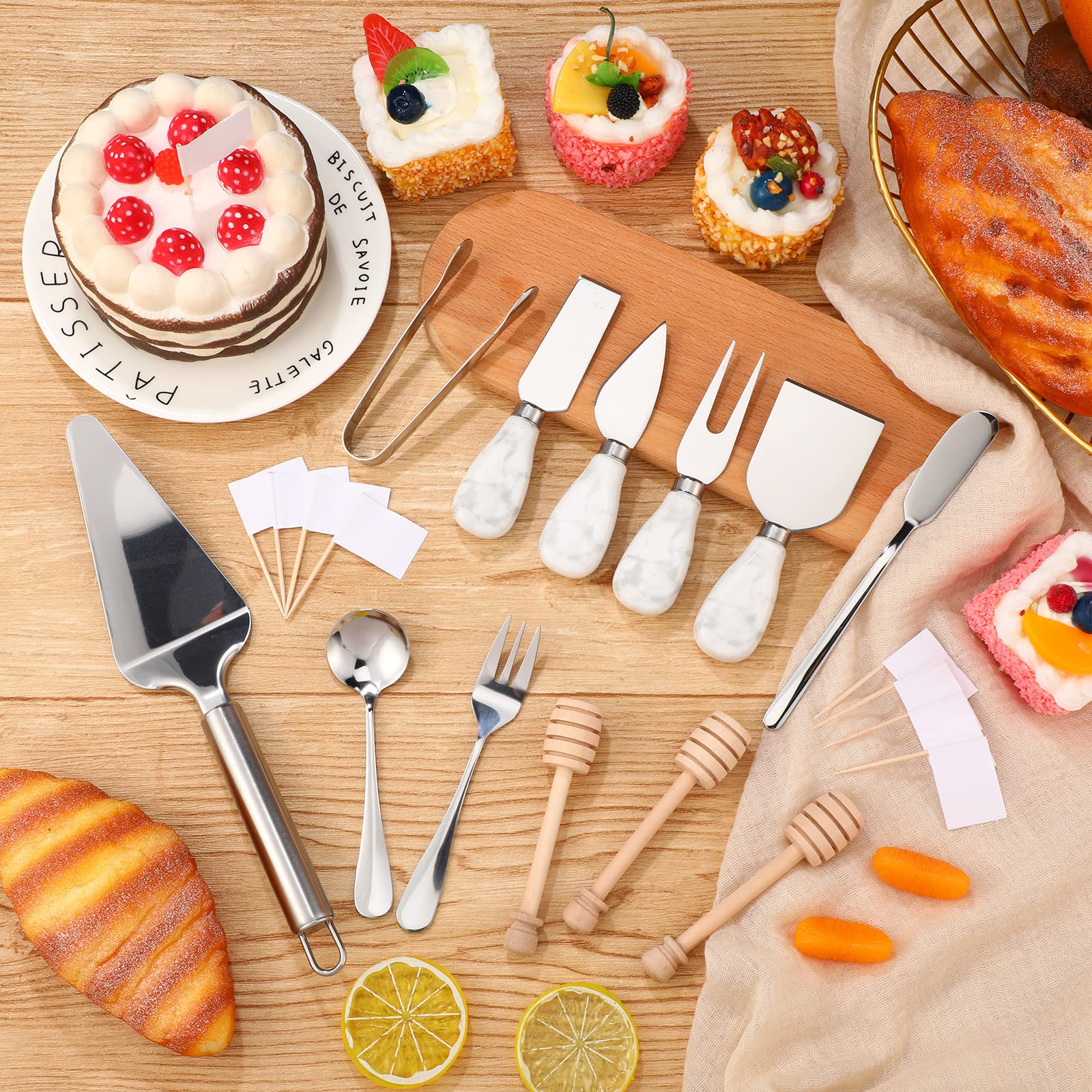 22-Piece Charcuterie Board Set with 100 Toothpick Flags, Cheese Spreaders, Marble Cheese Knife, Butter Spreader, Cake Server, Serving Tongs & Utensils - Perfect for Wine Parties, Cheese Platters & Charcuterie Boards