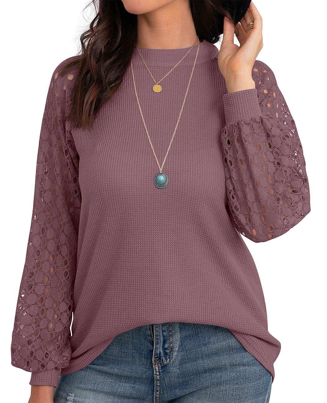 IWOLLENCE Women's Waffle Knit Blouse - Puff Long & Short Sleeve Lace Tops for Casual Wear | Loose Fit T-Shirt for Everyday Outfits, Office & Date Nights