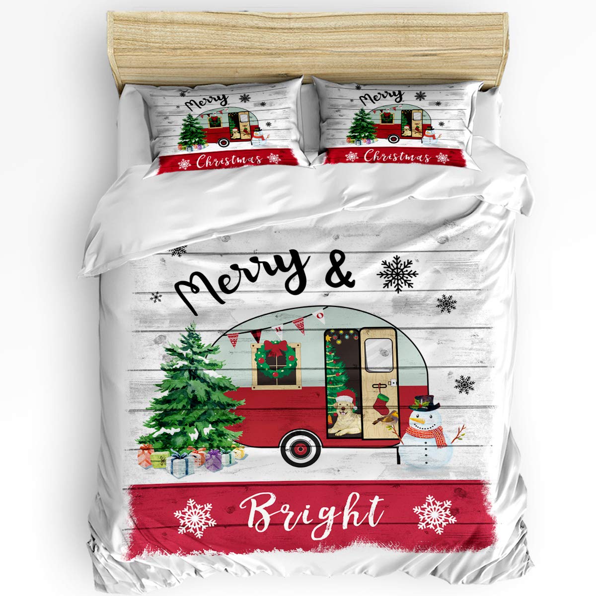 Merry Bright Christmas Camper Retro Wood Grain Duvet Cover Set - 3 Piece Comforter Cover with Zipper Closure & 2 Pillow Shams | Soft Bedding for Holiday Home Decor | Perfect for Cozy Winter Nights & Festive Bedroom Styling