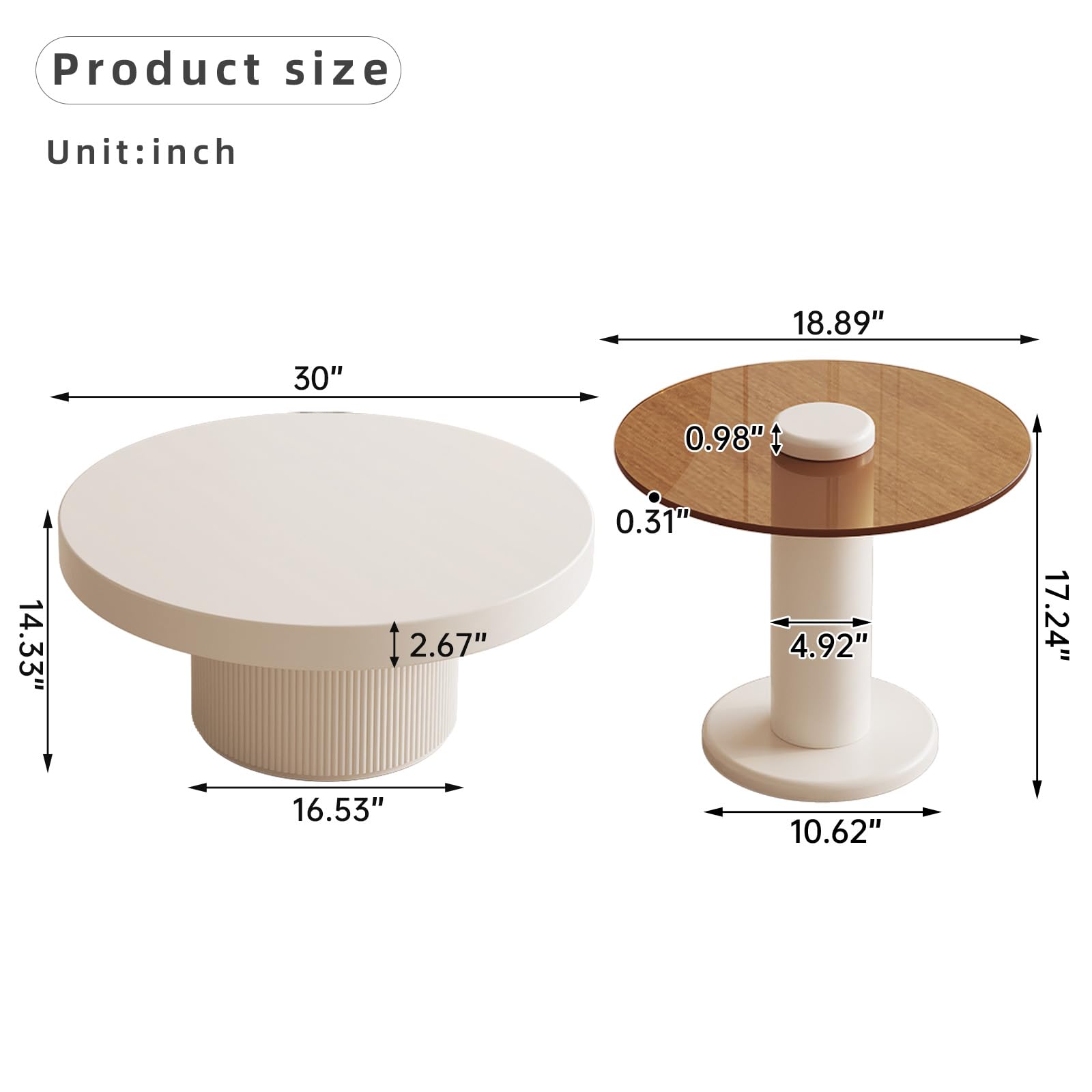 Modern 2-in-1 Round Nested Coffee Table Set - Creamy White Coffee Table with Tempered Glass Side Table - Space-Saving End Tables for Living Room, Bedroom & Small Spaces - Perfect for Coffee Time, Reading Nook & Home Decor