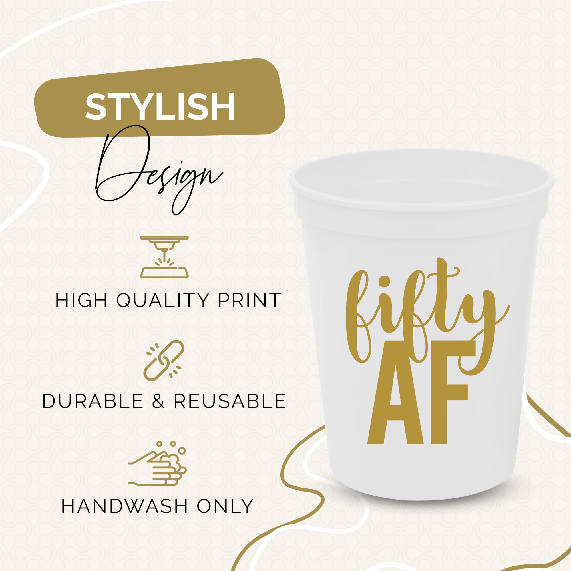 50th Birthday Party Cups - Set of 12 (16oz) Black Stadium Cups with 'Fifty AF' Print - Perfect for 50th Birthday Decorations, Favors & Celebrations - Great for Beer, Cocktails & Party Drinks (White)