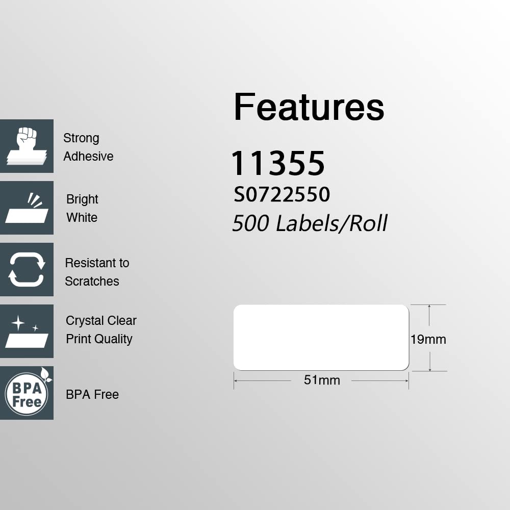 10-Pack Dymo 11355 SD11355 / S0722550 Compatible Thermal Labels 19mm x 51mm (500 Labels Per Roll) for Dymo LabelWriter - Perfect for Shipping, Address & Barcode Labels