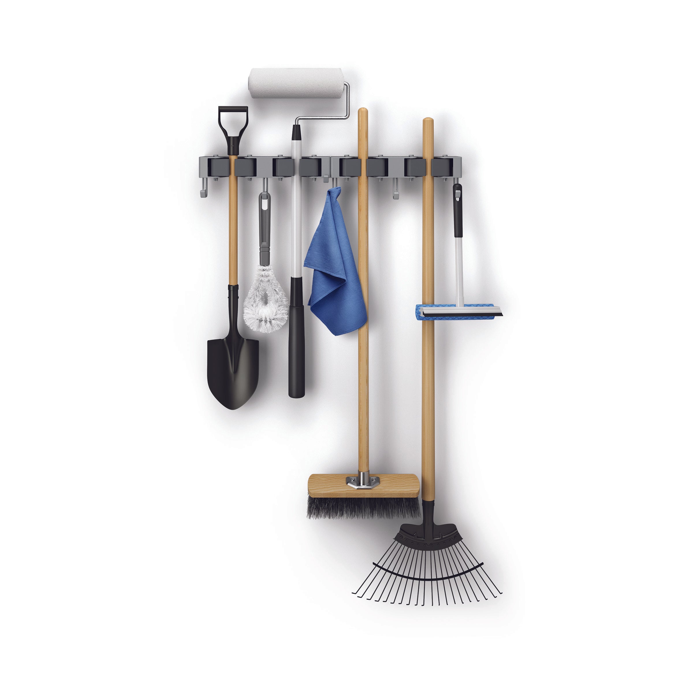 Wall Mounted Tool Organizer - Heavy Duty Broom & Mop Holder with Hooks for Garage, Kitchen, or Utility Room Storage