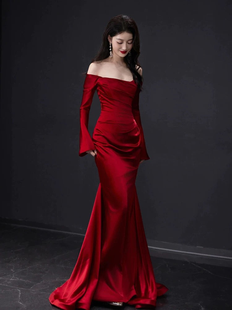 Elegant Off-The-Shoulder Mermaid Red Long Prom Dress with Long Sleeves - Perfect for Evening Parties, Homecoming, and Formal Events (Style J5094)