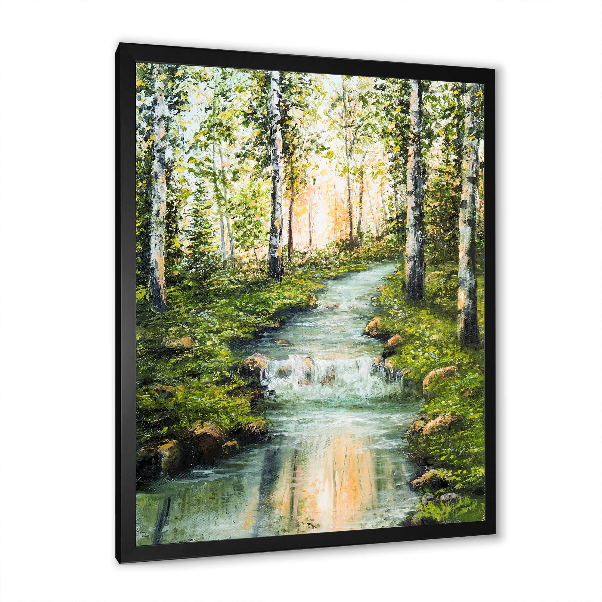 River Through Birch Forest Lake House Framed Wall Art - Nature Landscape Painting for Living Room, Bedroom & Office Decor