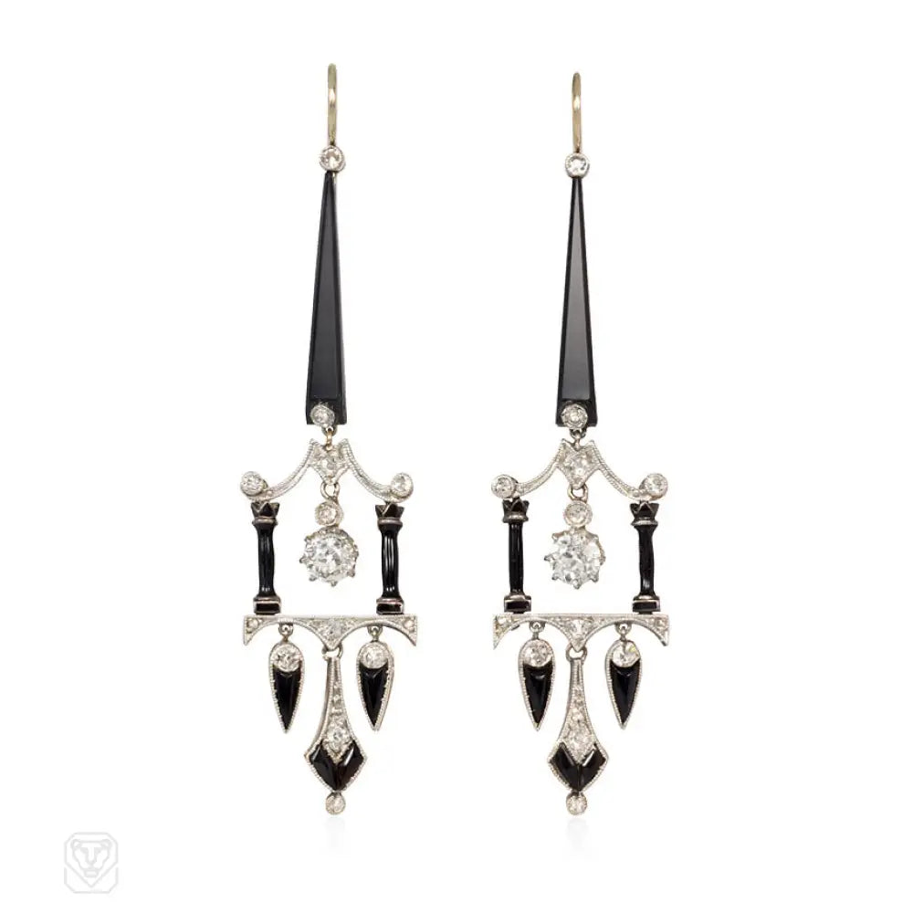 Art Deco Onyx, Diamond & Enamel Earrings - Vintage Style Jewelry for Women - Perfect for Weddings, Parties & Special Occasions
